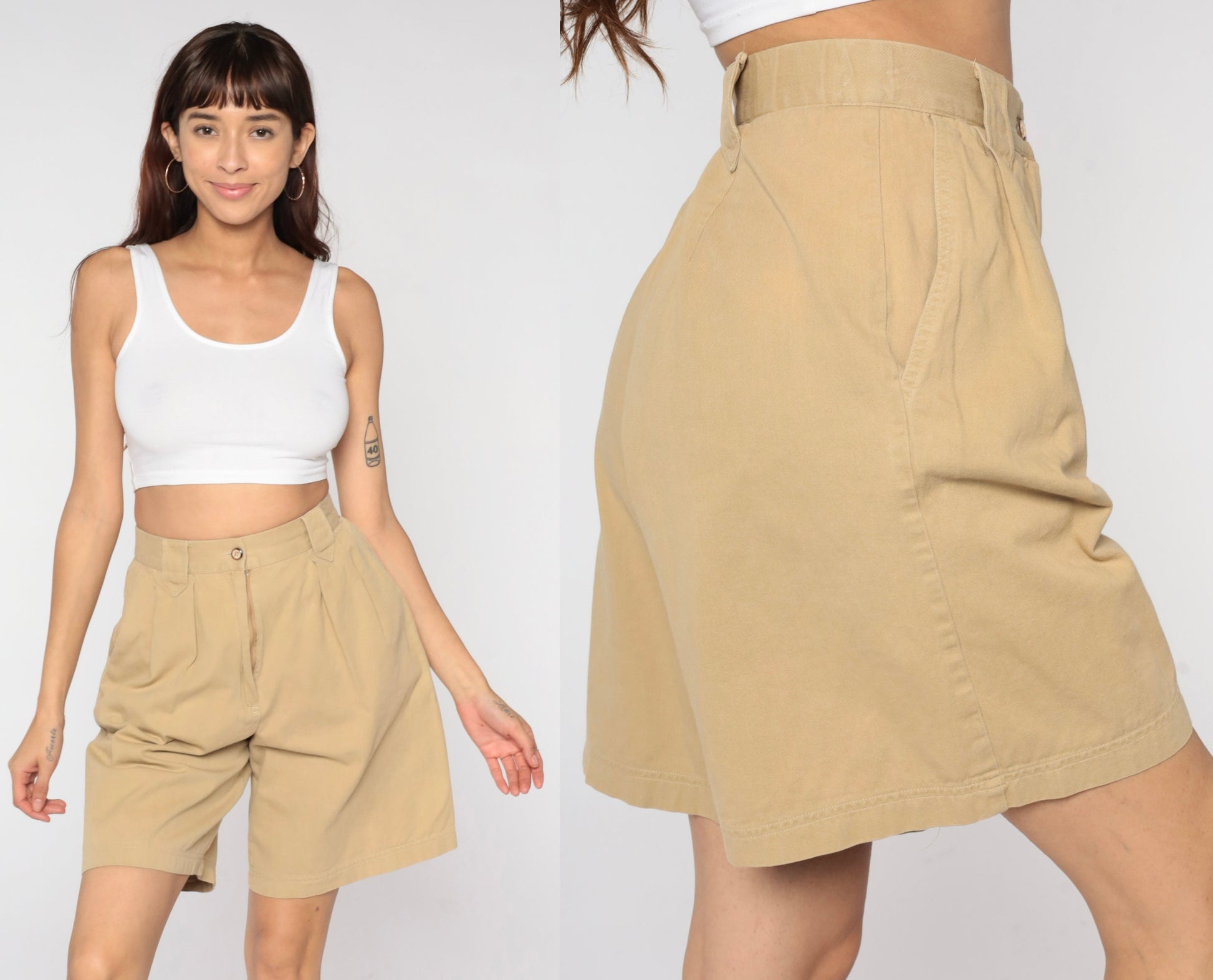 90s Khaki Pleated Bermuda Shorts High Waisted Wide Leg Cotton Small