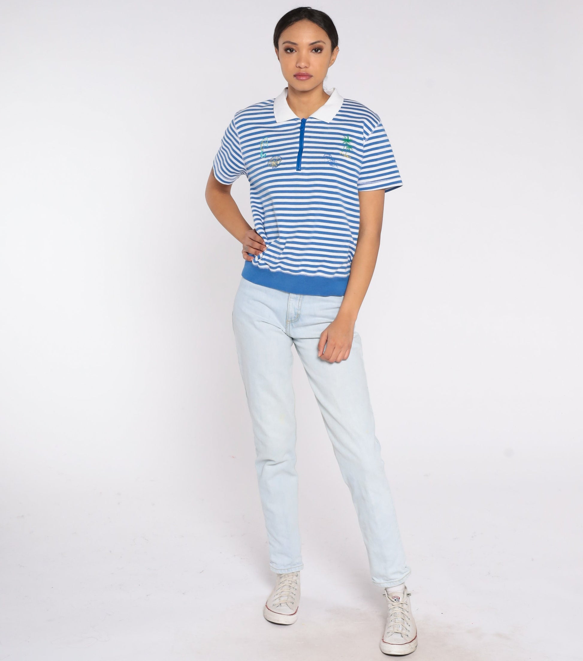 90s Blue White Striped Polo Shirt Embroidered Sea Creatures Palm Tree Small