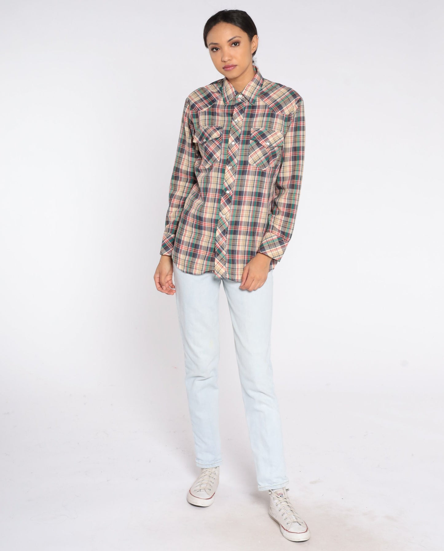 80s Mad Man Plaid Pearl Snap Western Shirt Long Sleeve Medium