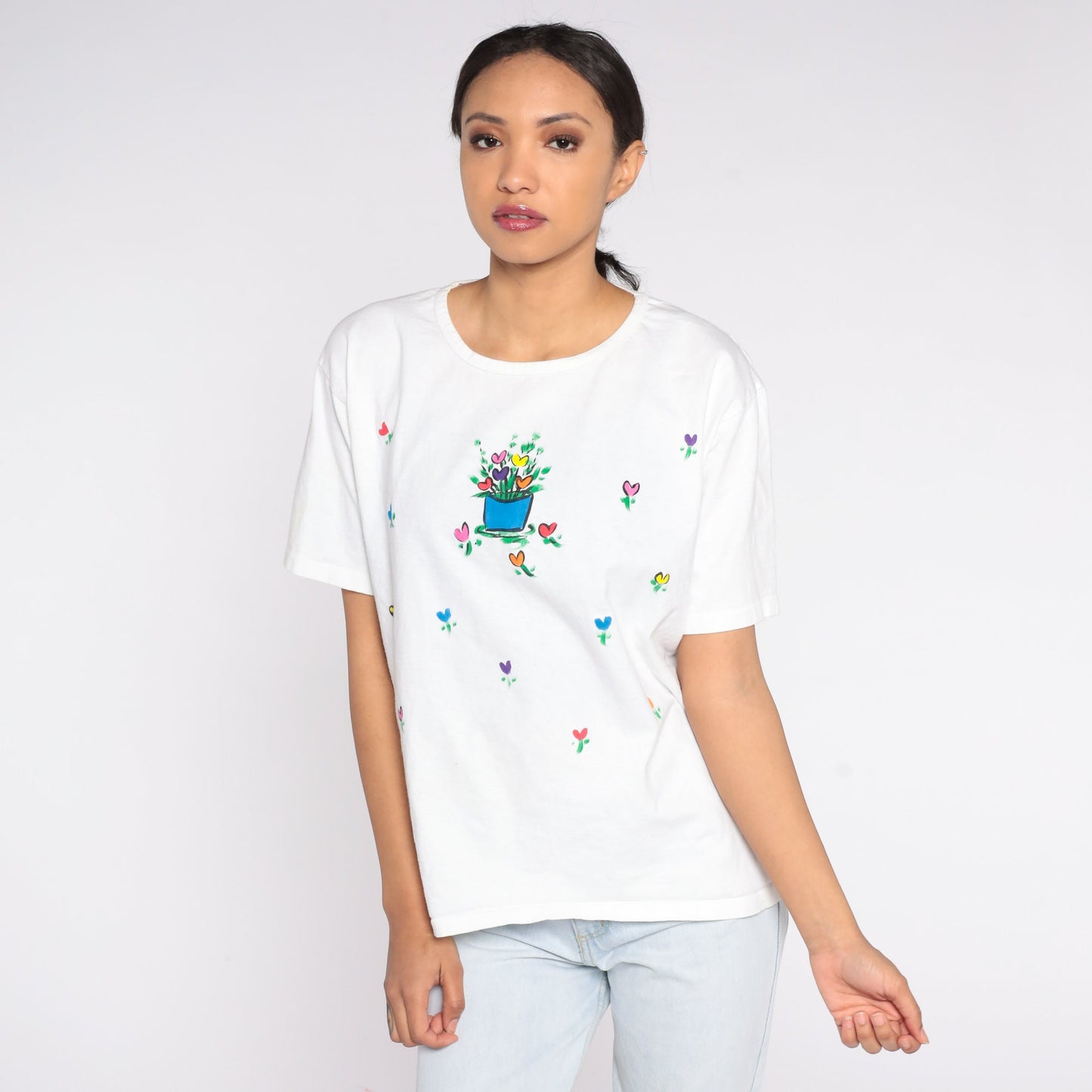 90s Floral Heart Flower Pot Cotton T-Shirt Tulip Graphic Tee Medium