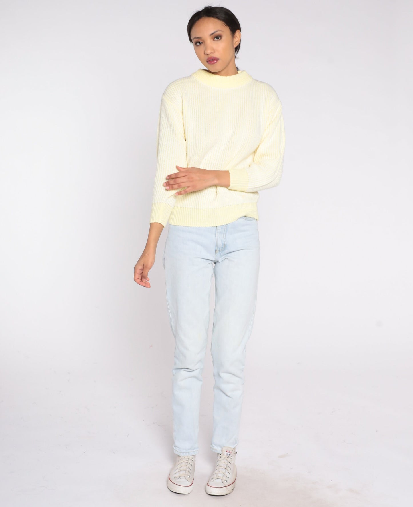 80s Yellow & White Knit Crewneck Sweater Pullover Small