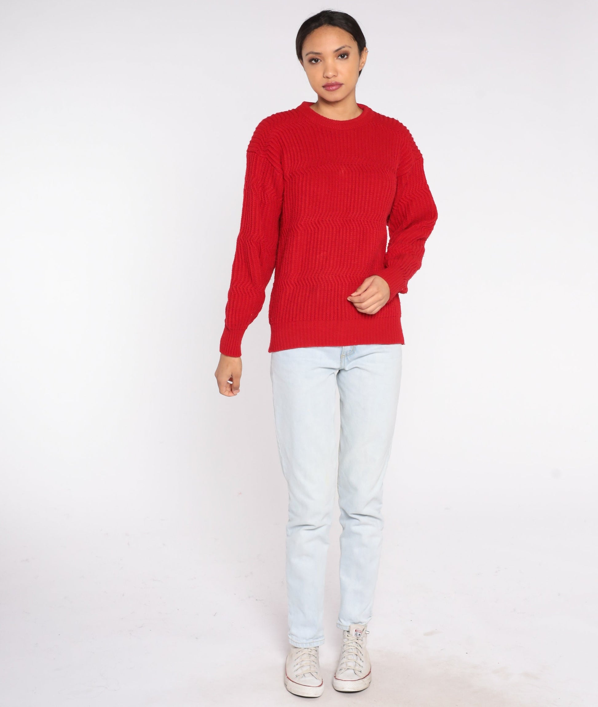 80s Saugatuck Red Knit Sweater Wavy Textured Crewneck Medium M