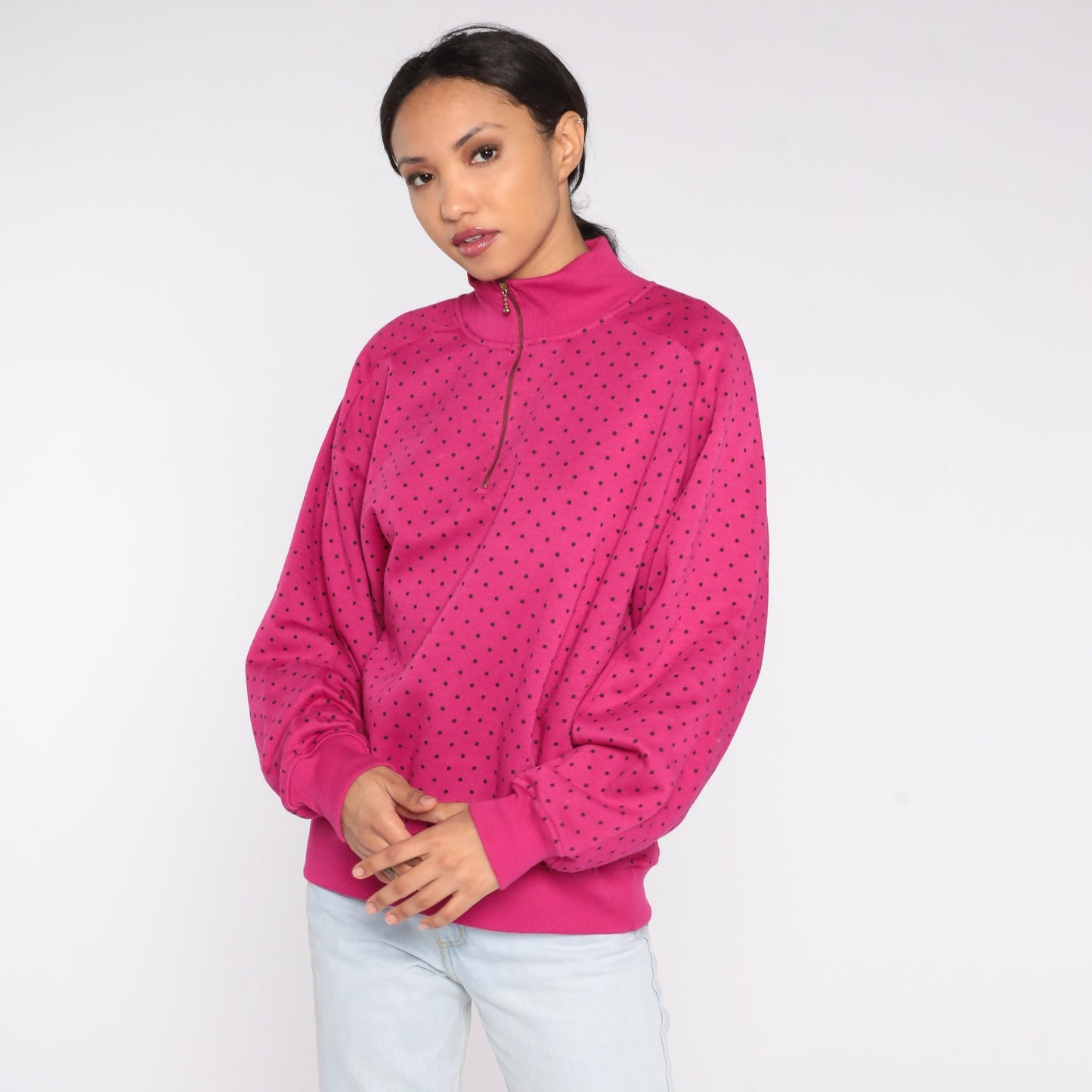 90s Pink Polka Dot Quarter Zip Sweatshirt Funnel Neck Pullover Large L