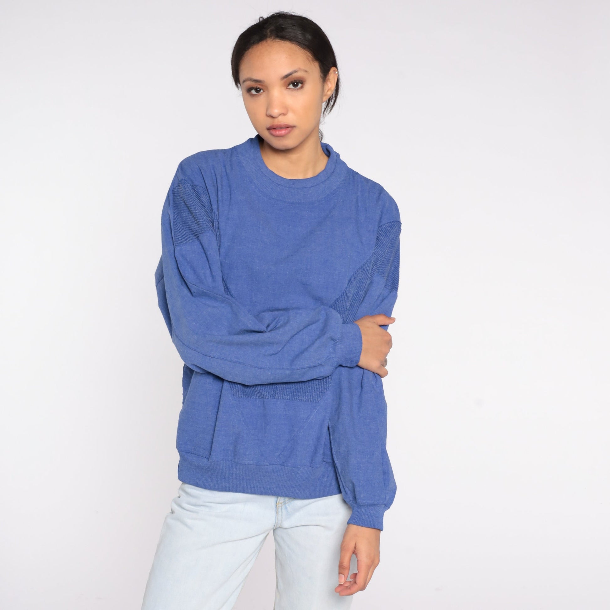 90s Blue Chevron Woven Crewneck Sweatshirt Pullover Men's Large