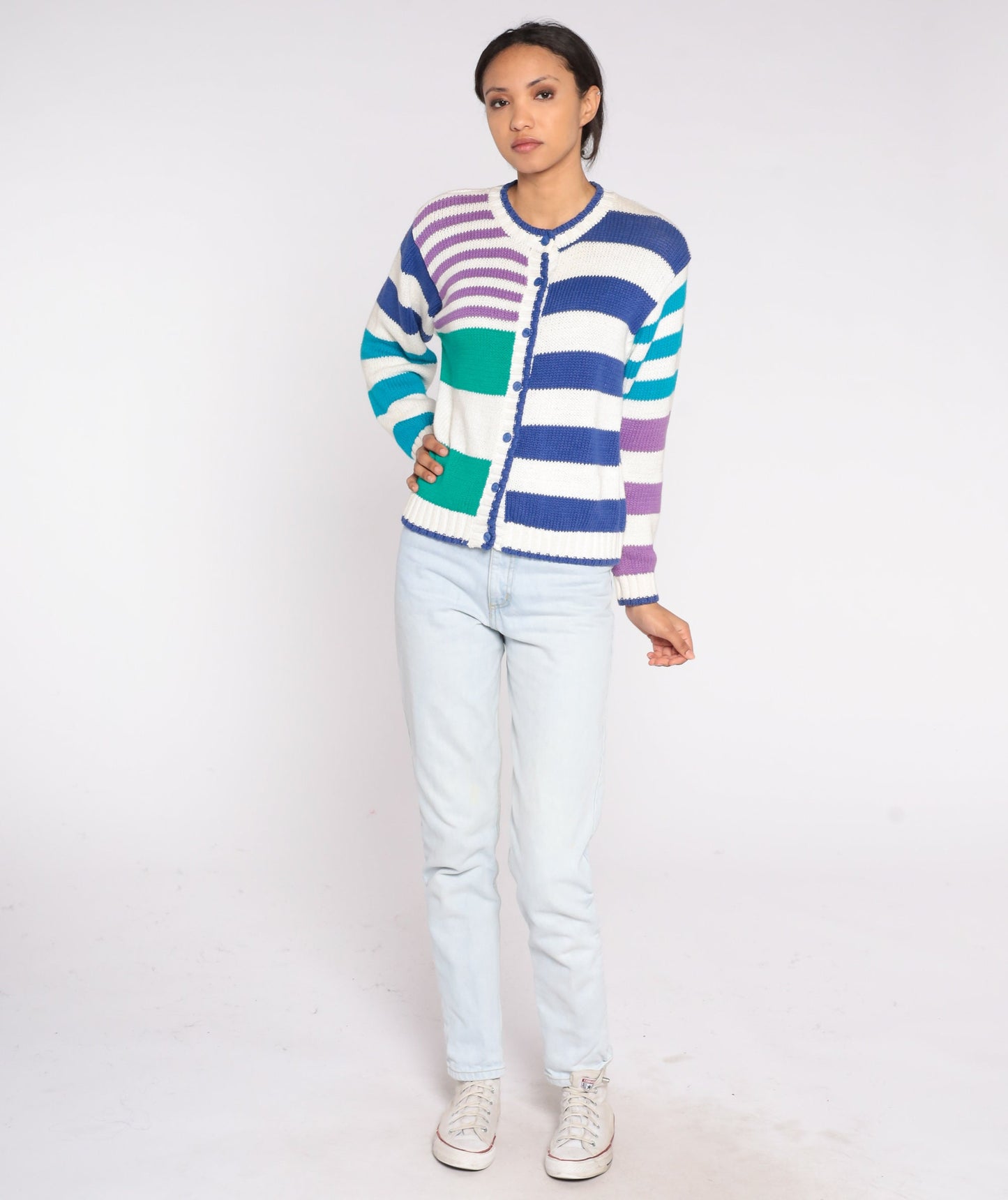 90s Striped Cardigan White Button-Up Sweater Green Blue Purple Petite Small
