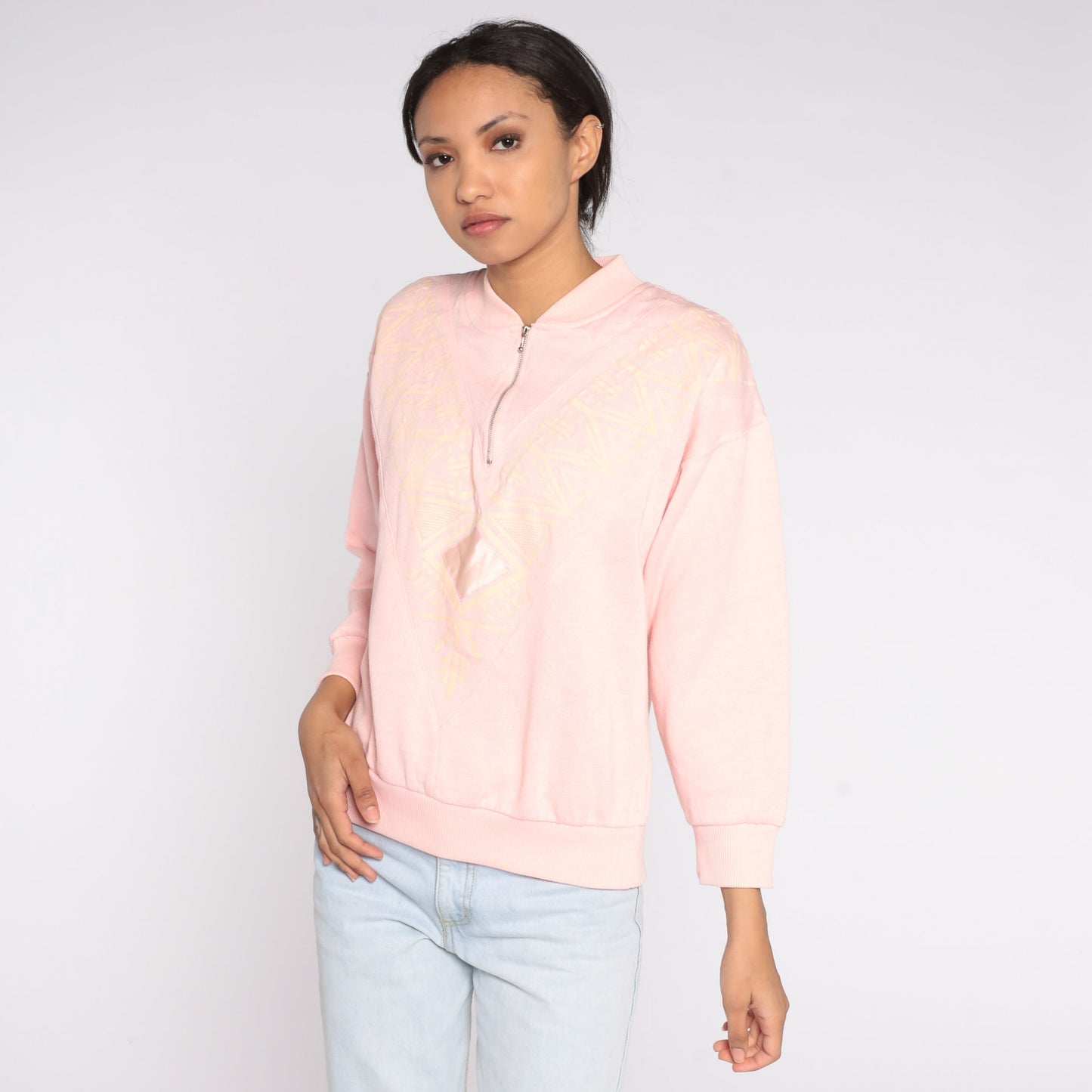 80s Geometric Quarter Zip Sweatshirt Baby Pink Southwestern Small