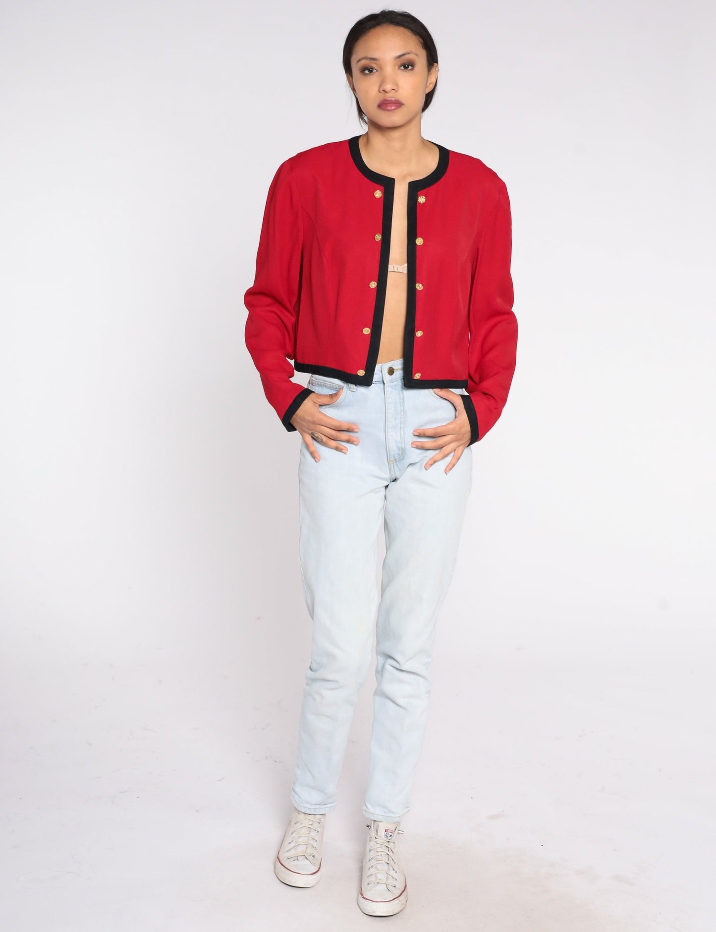 90s Red Cropped Jacket Gold Buttons Black Trim Open Front Small