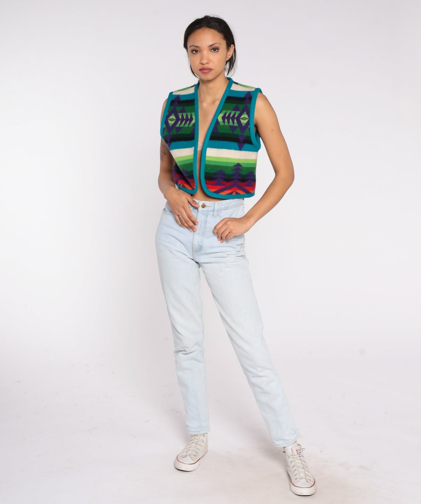 90s Southwestern Blanket Print Vest Cropped Open Front Small