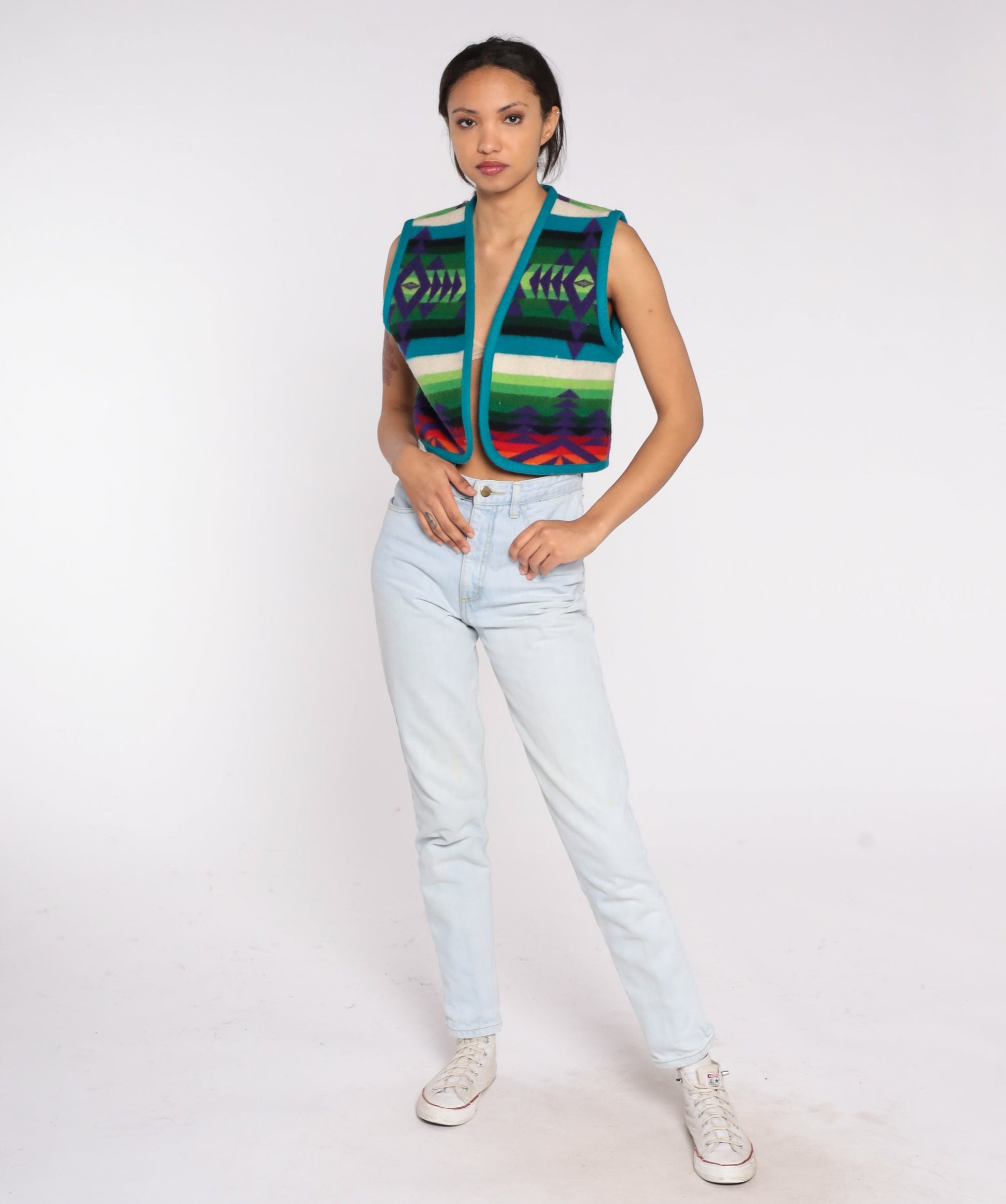 90s Southwestern Blanket Print Vest Cropped Open Front Small