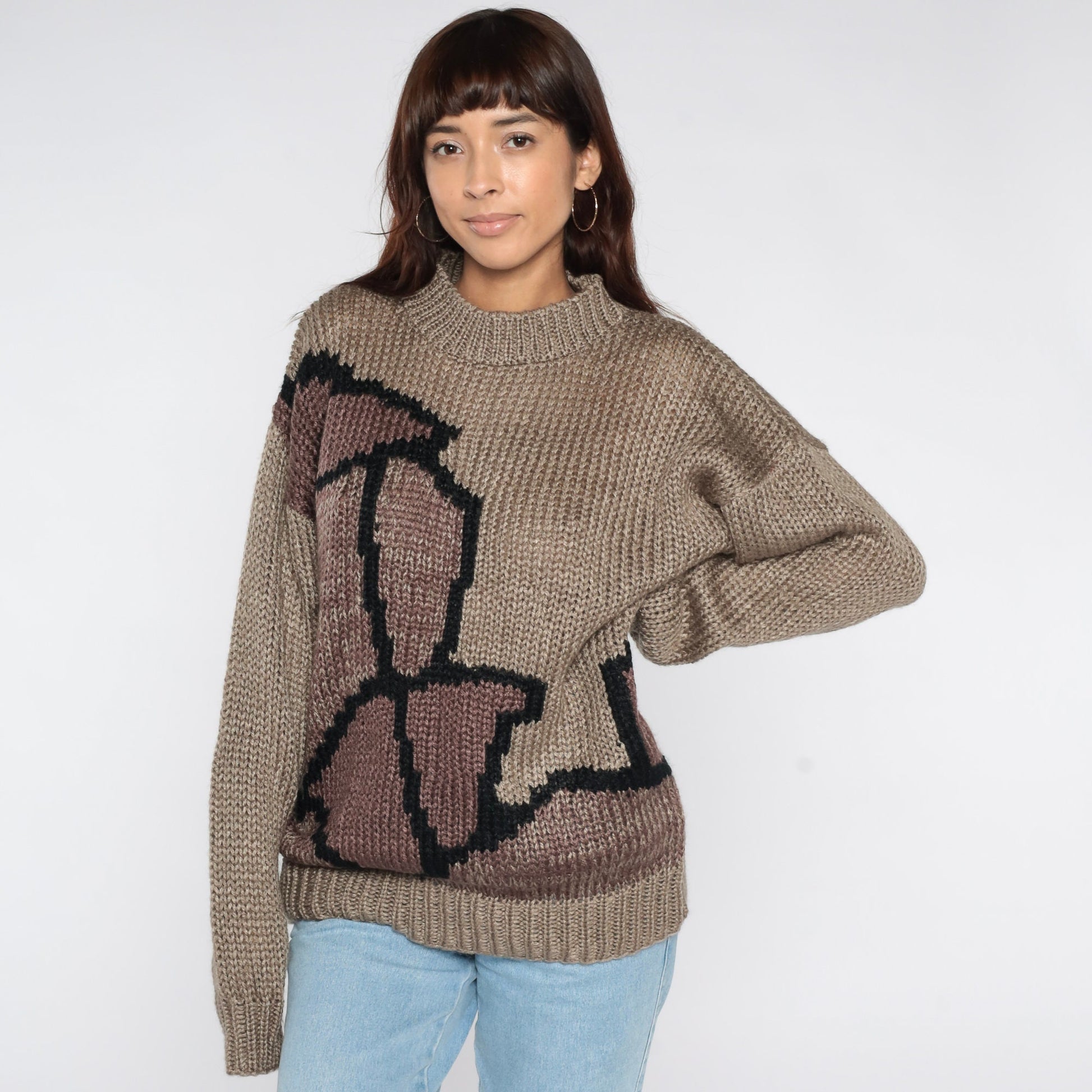 80s Abstract Jacquard Knit Sweater Taupe Crewneck Pullover Large