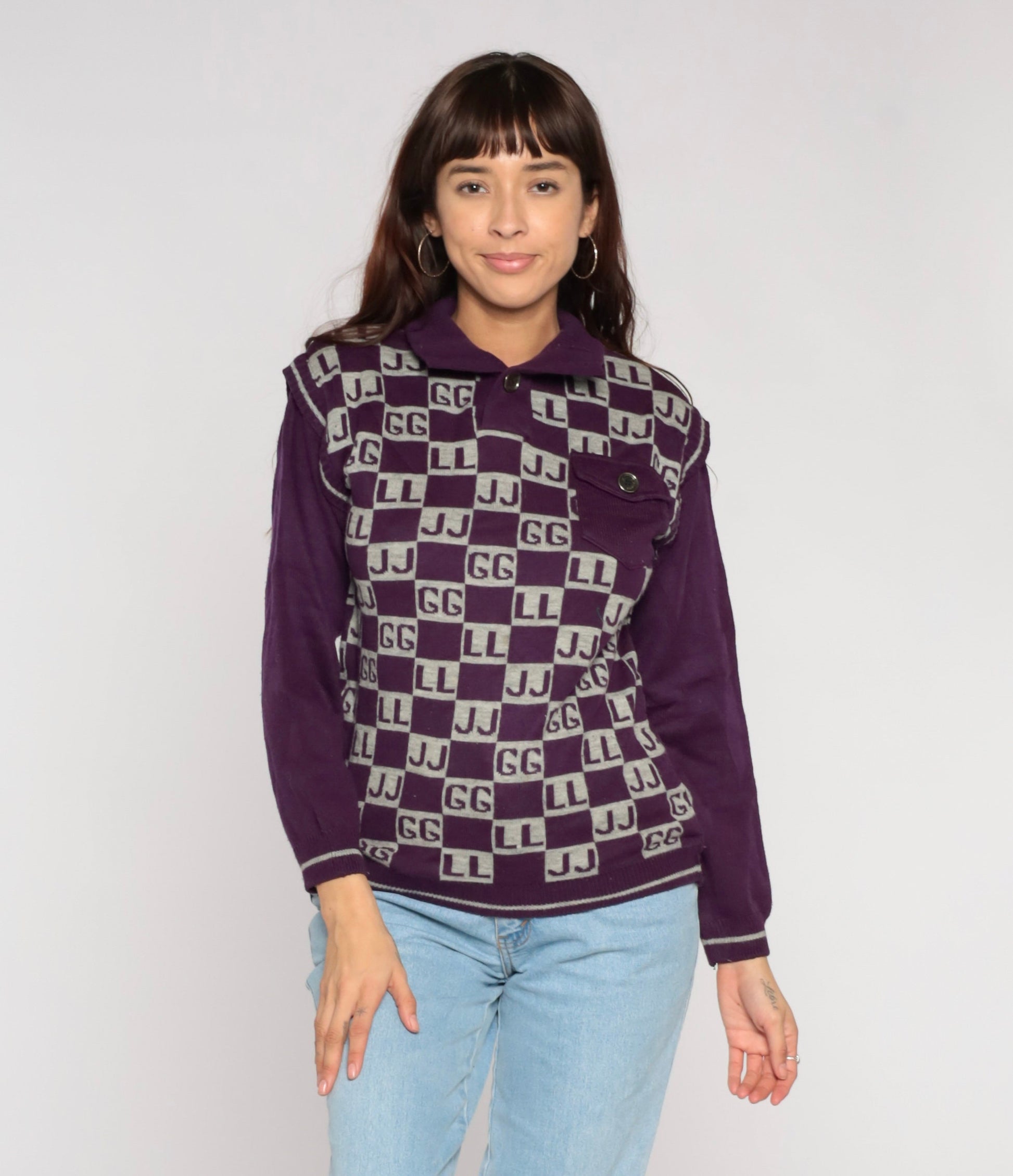 90s Purple Polo Sweater Initials GG JJ LL Novelty Knit Small