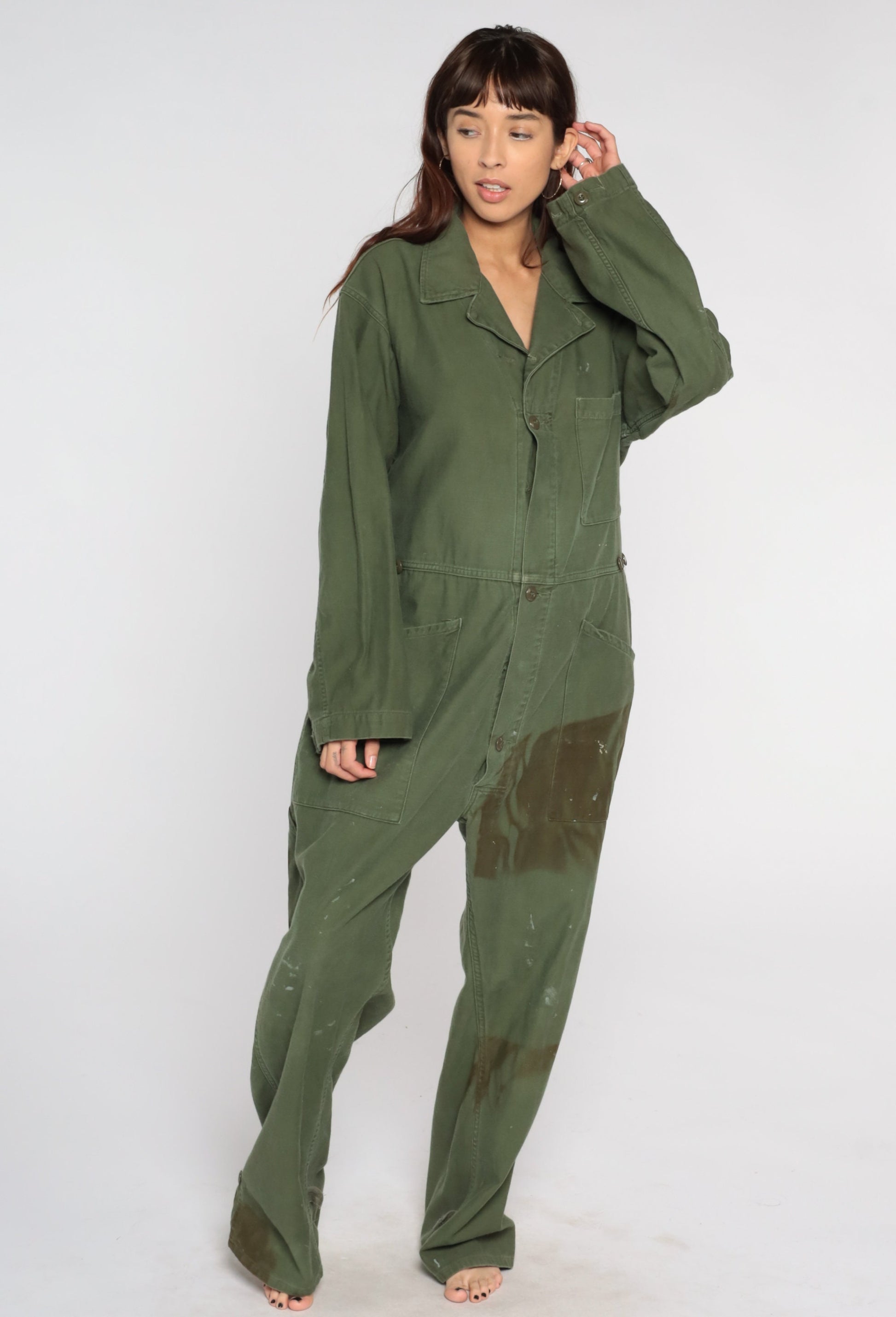 80s Army Coveralls Flight Suit Button Up Jumpsuit Olive Green Mens Large