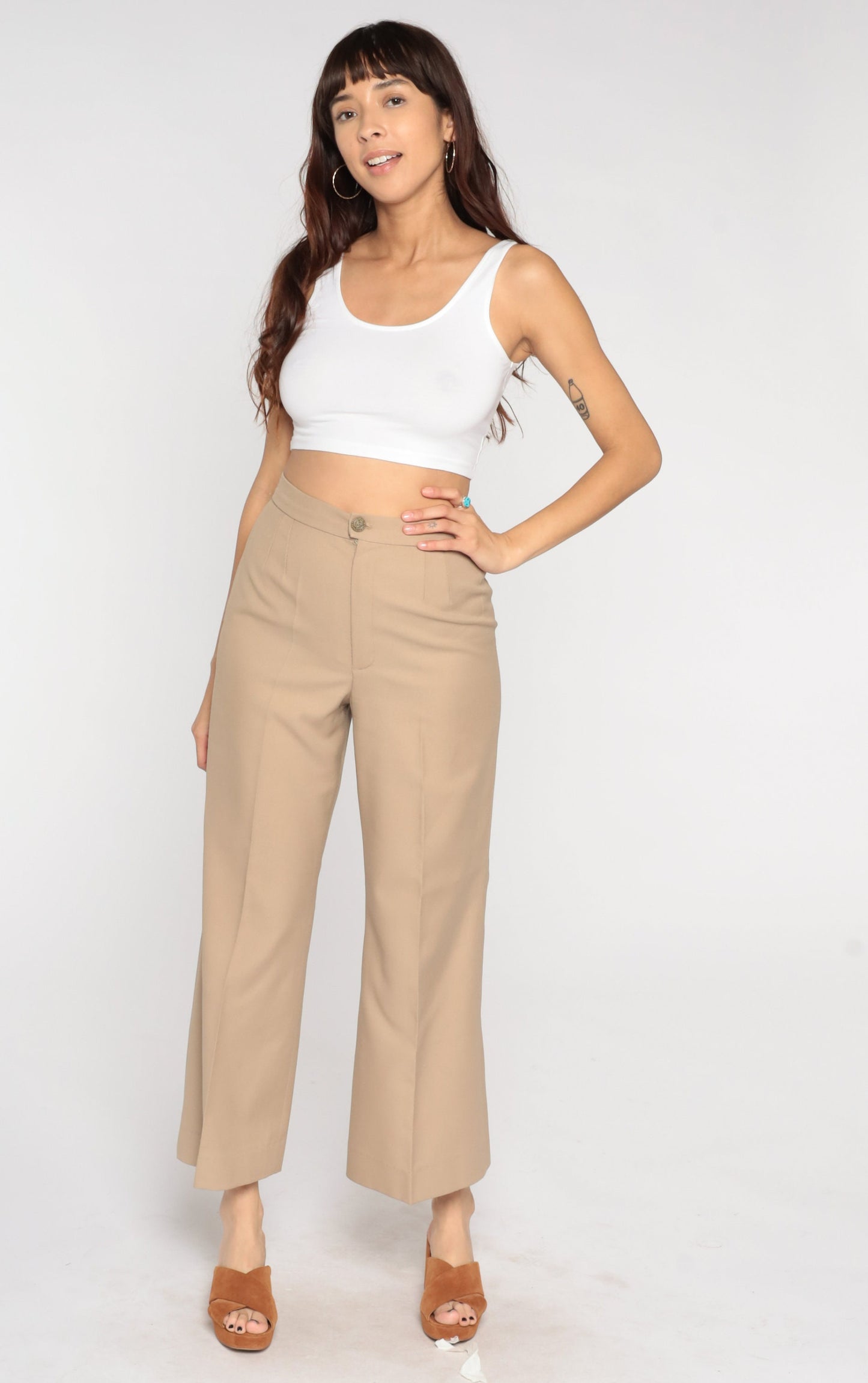70s Tan High-Waisted Flared Trousers Small S