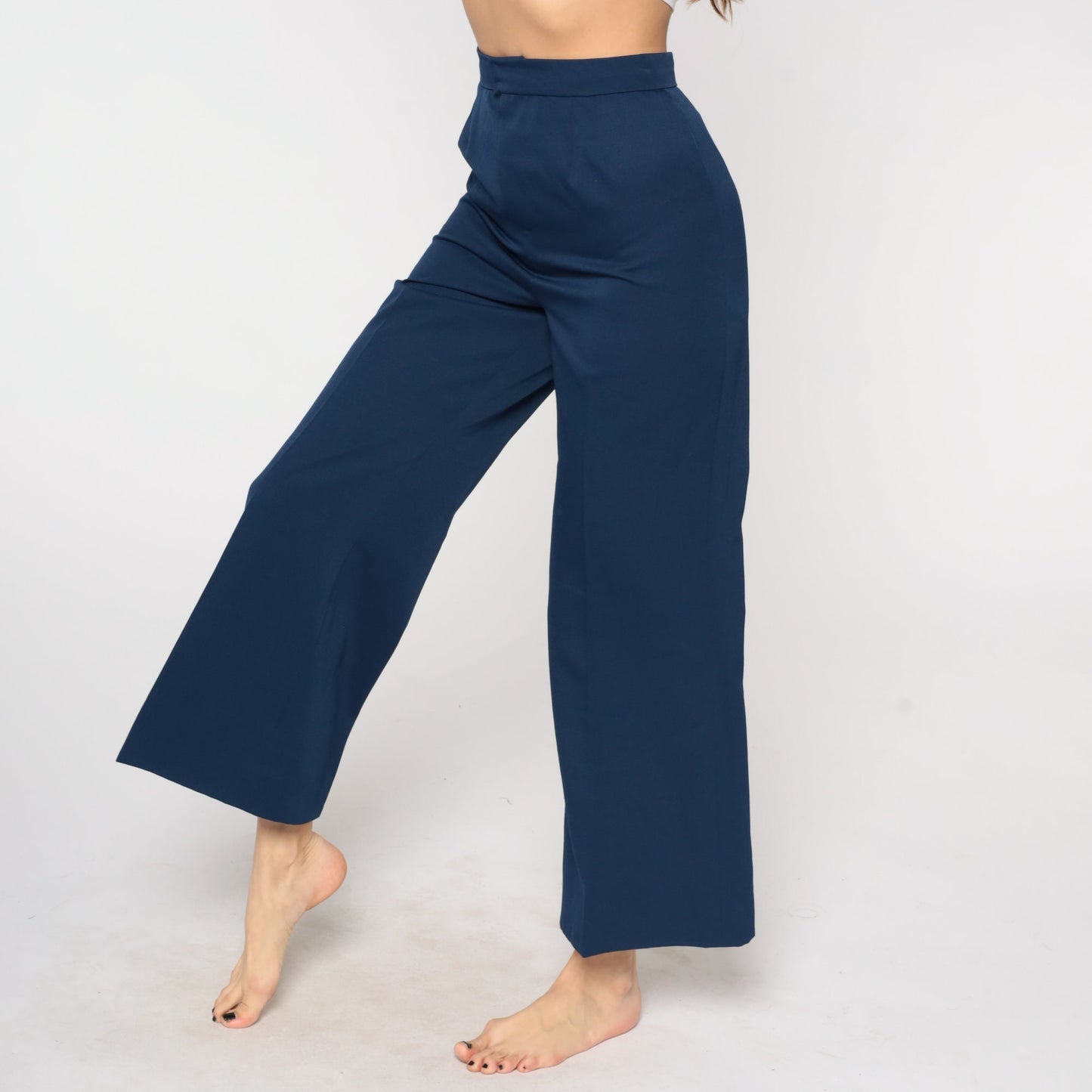 70s Navy Bell Bottom Trousers High Waist Flared Leg Small S