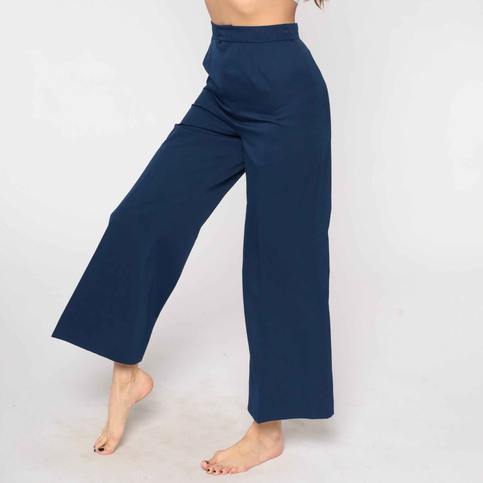 70s Navy Bell Bottom Trousers High Waist Flared Leg Small S