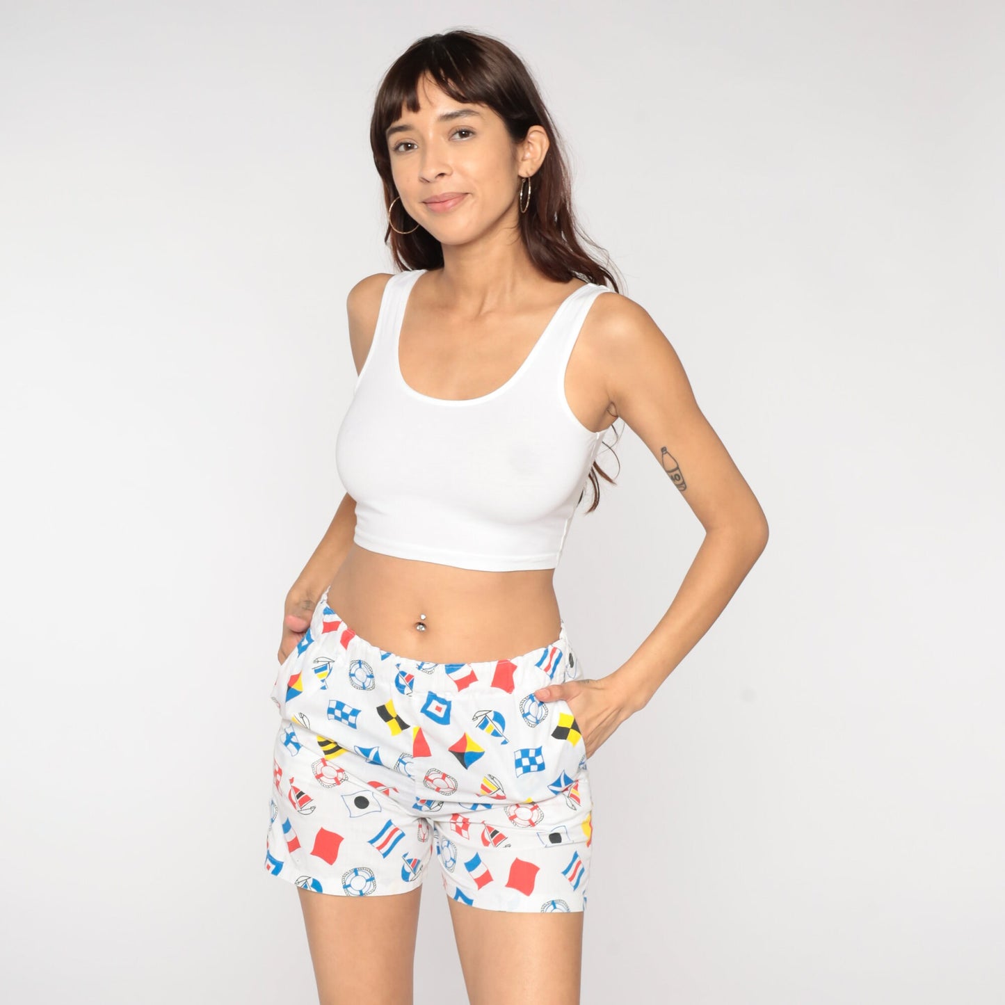80s Nautical Print White Shorts Elastic Waist High Rise Small
