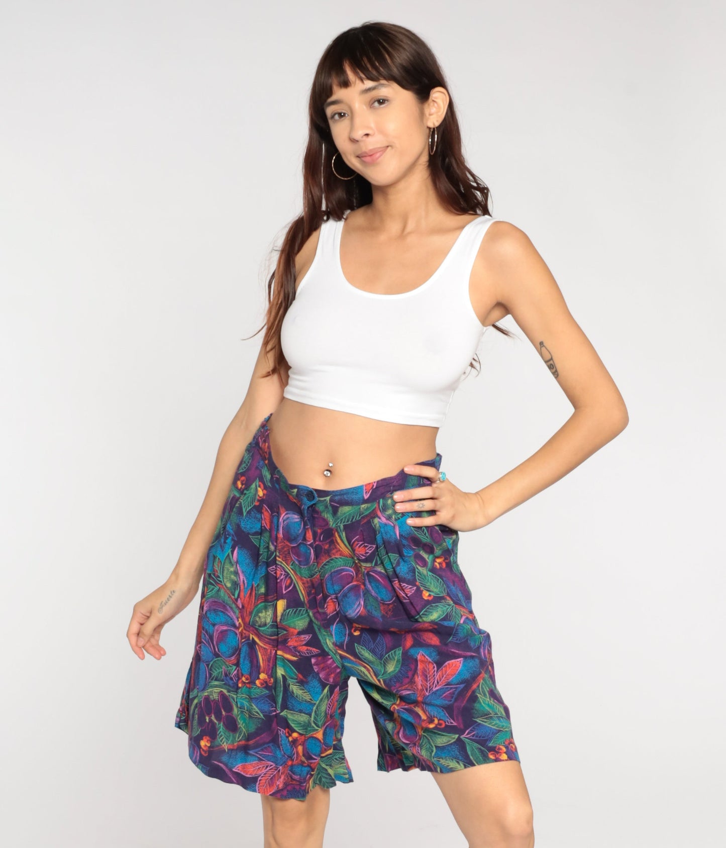 90s Fruit Leaf Print High-Waist Pleated Shorts Rayon Medium M