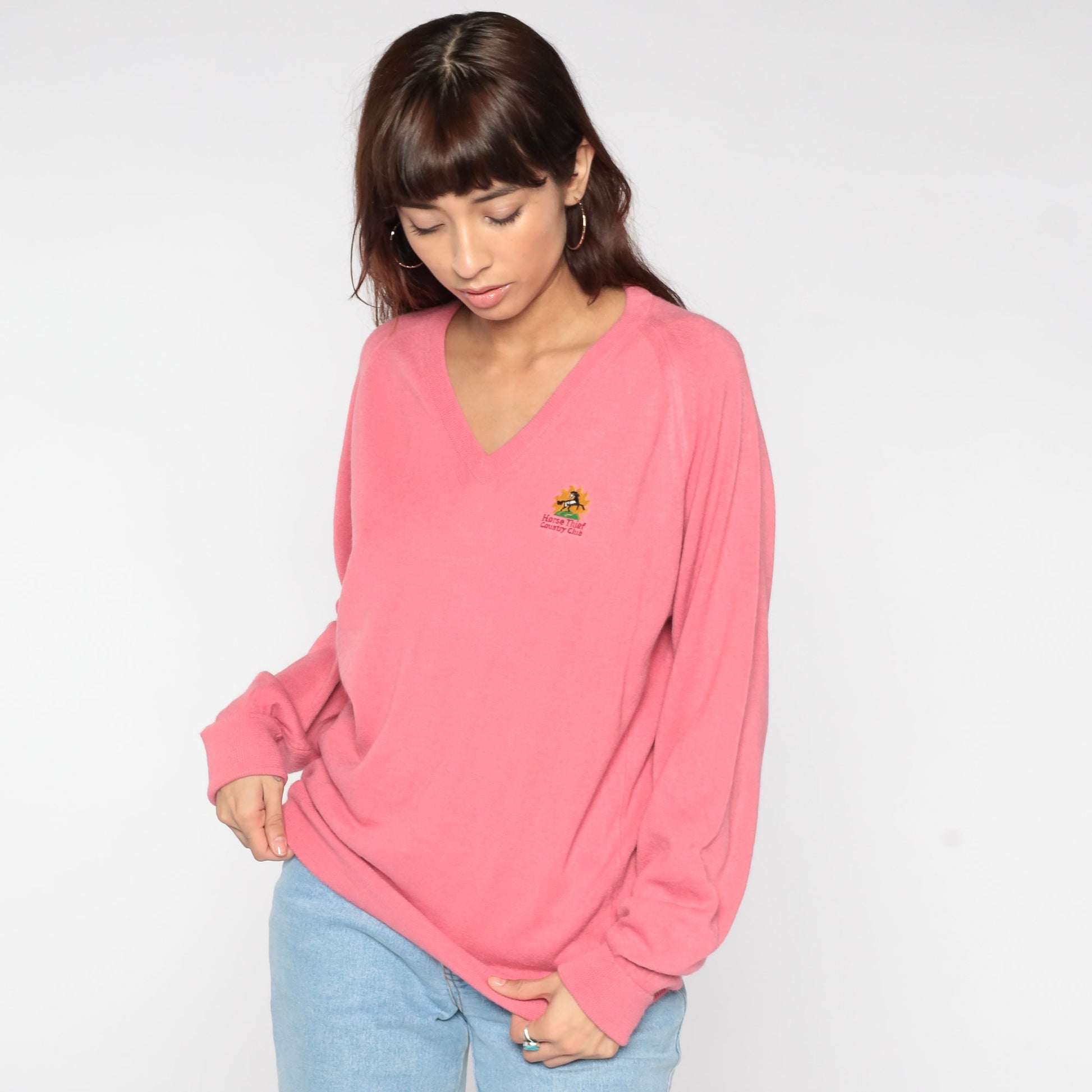 00s Horse Thief Country Club Pink V-Neck Knit Sweater Large