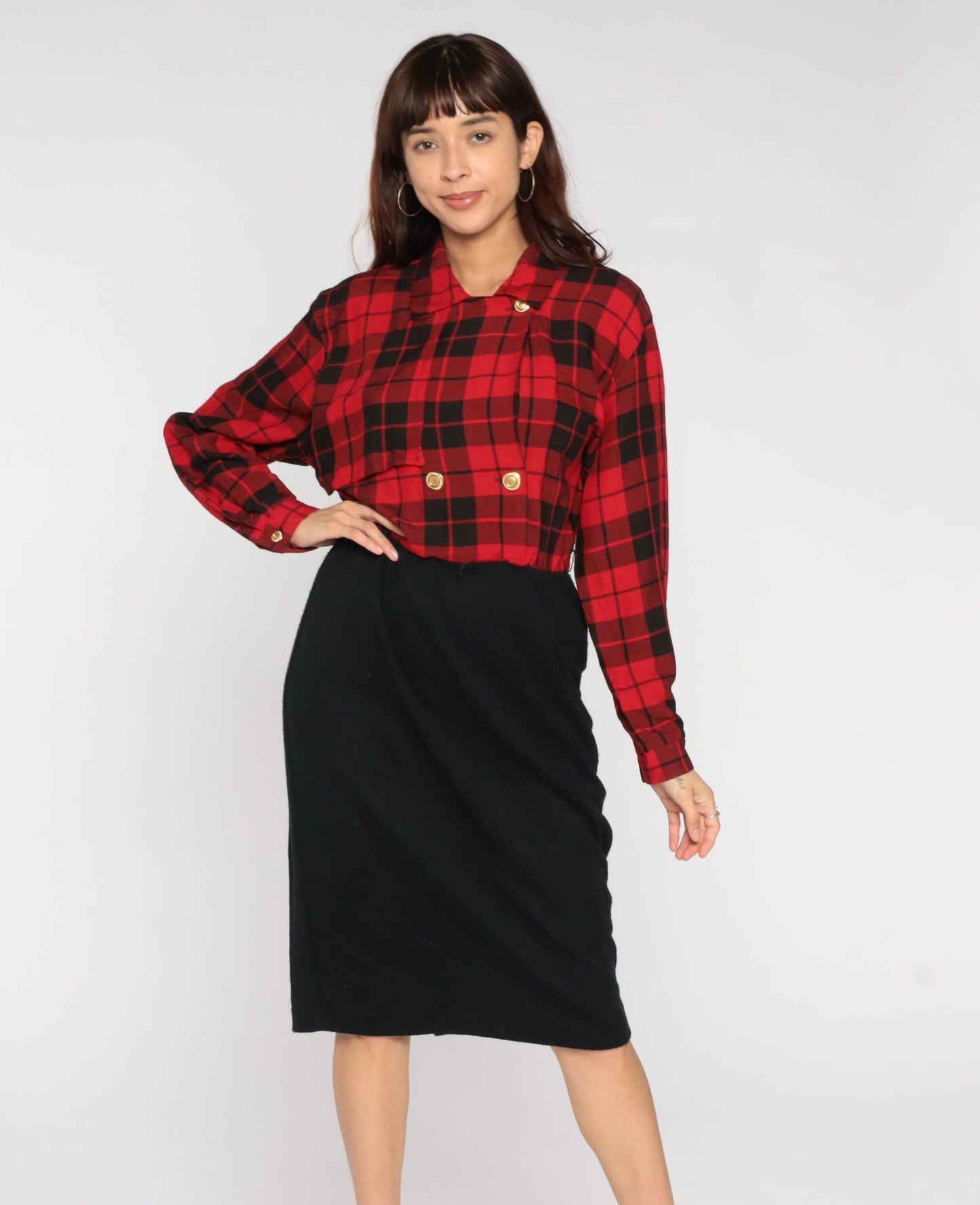 80s Red Plaid Midi Shirt Dress Black Pencil High Waist Button Up Medium