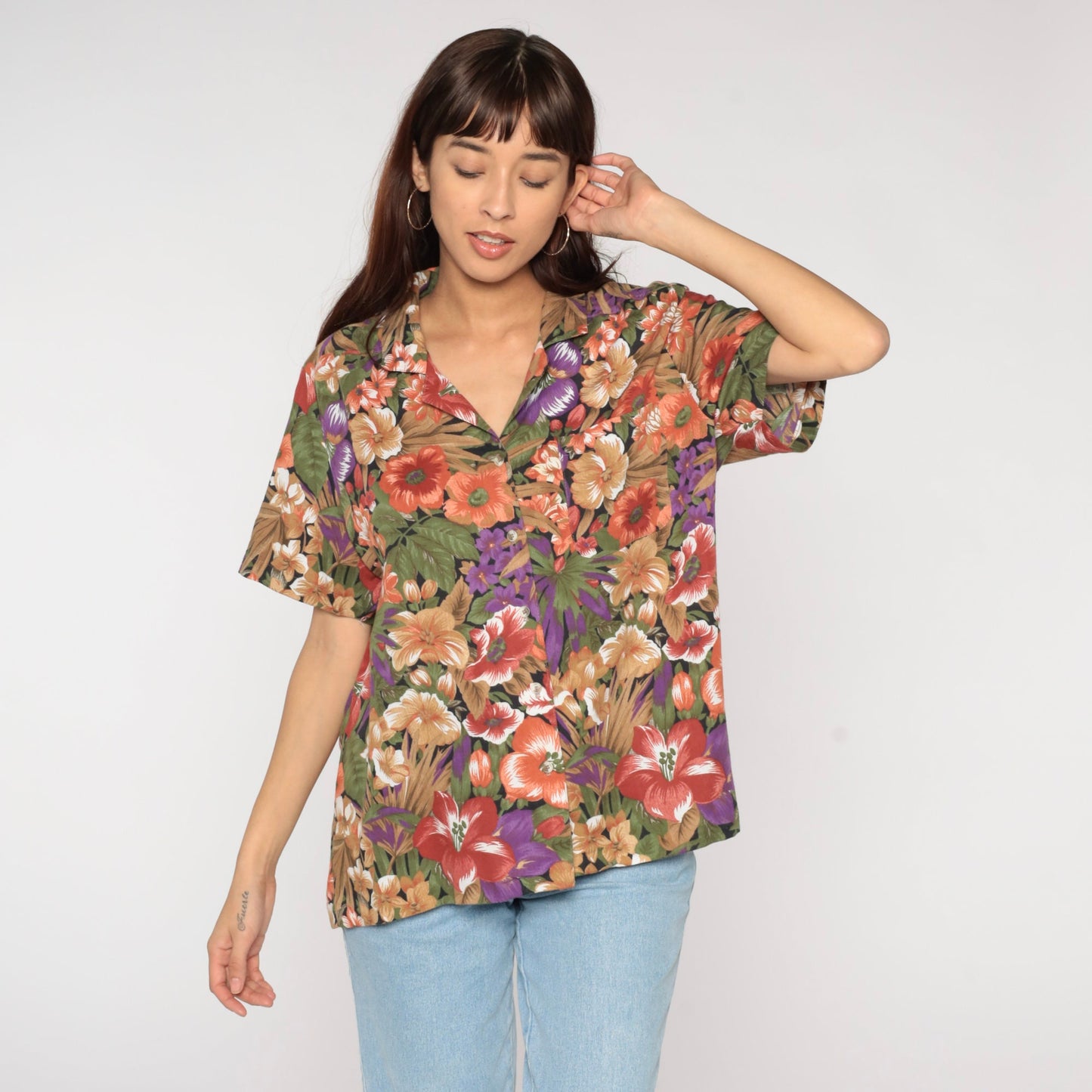 90s Tropical Floral Button-Up Blouse Multicolor Leaf Print Short Sleeve Extra Large