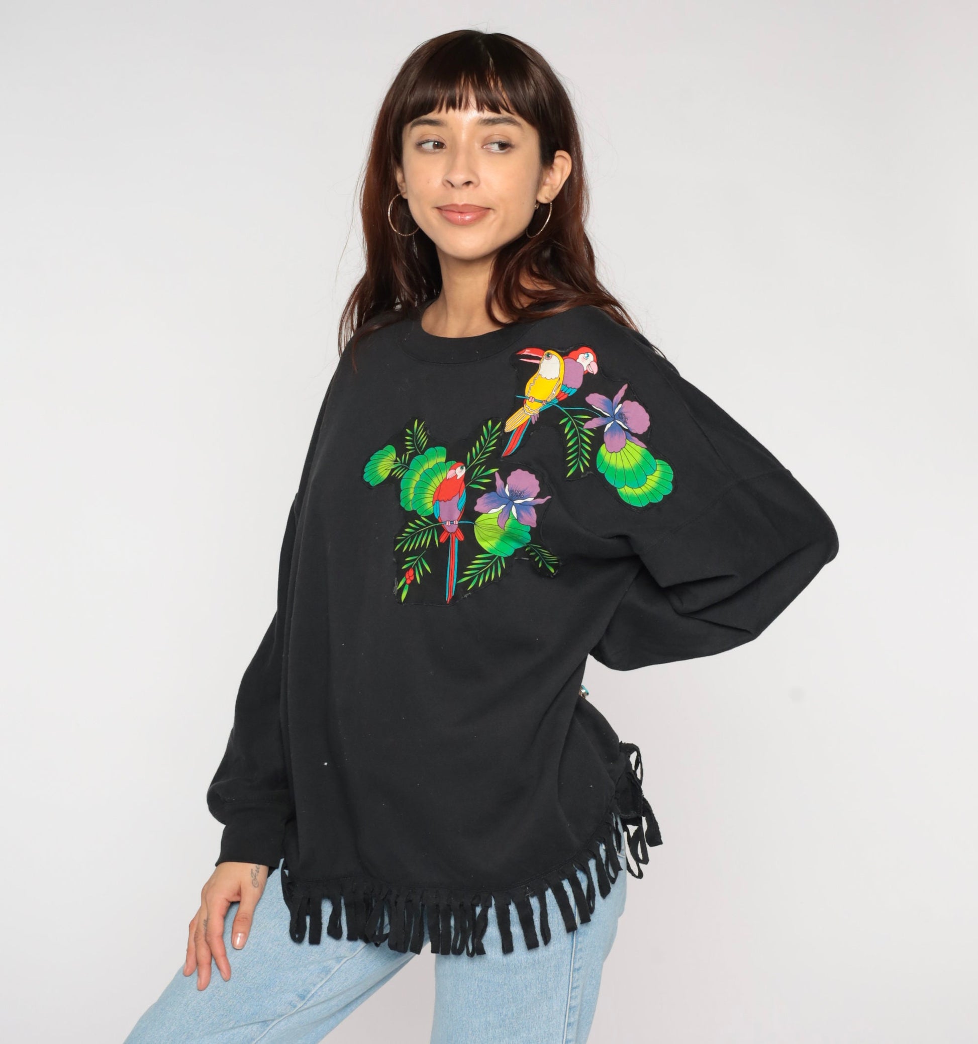 90s Tropical Bird Fringe Sweatshirt Black Graphic Parrot Crewneck Extra Large