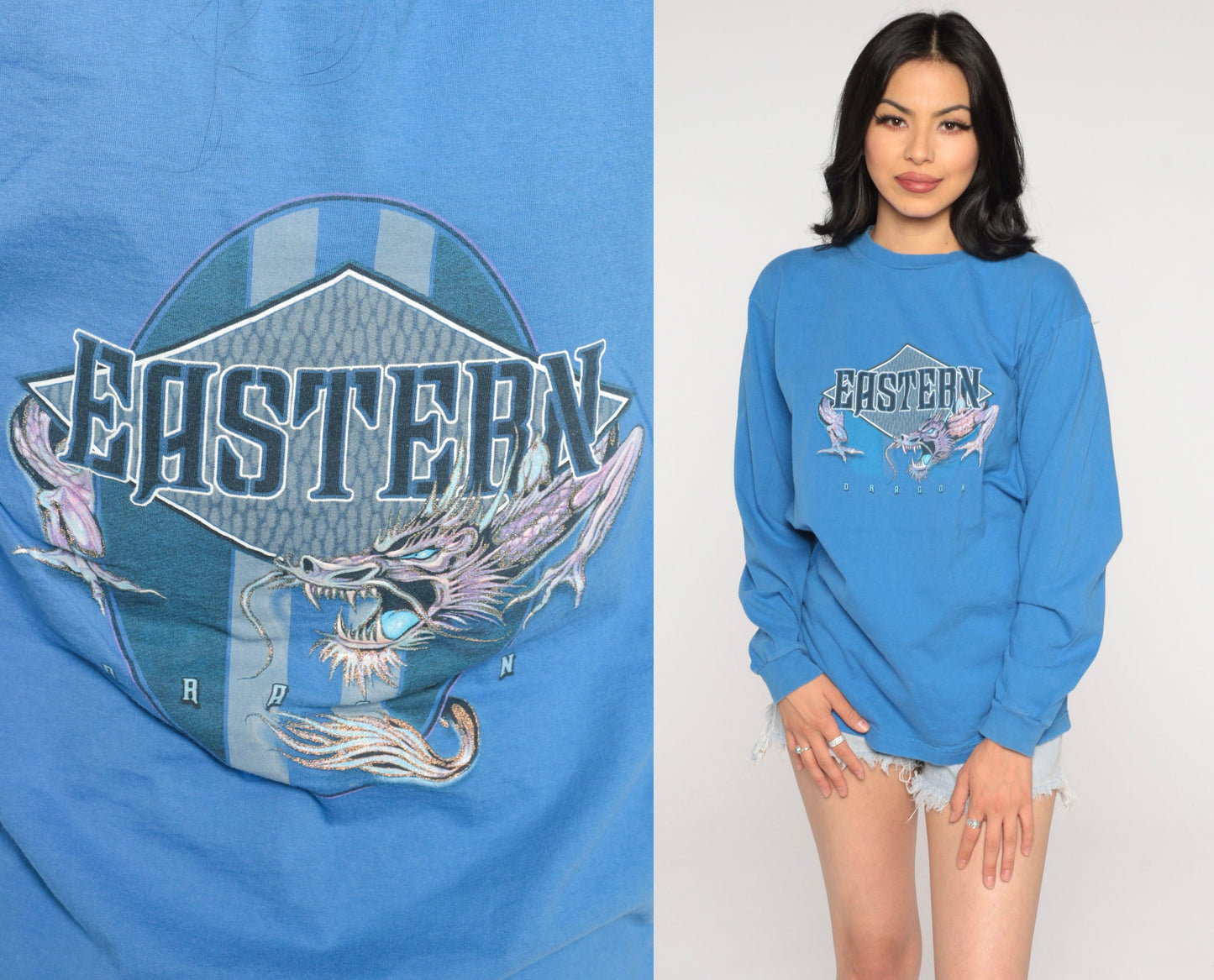 Y2K Eastern Dragon Long Sleeve Graphic Tee Blue Small