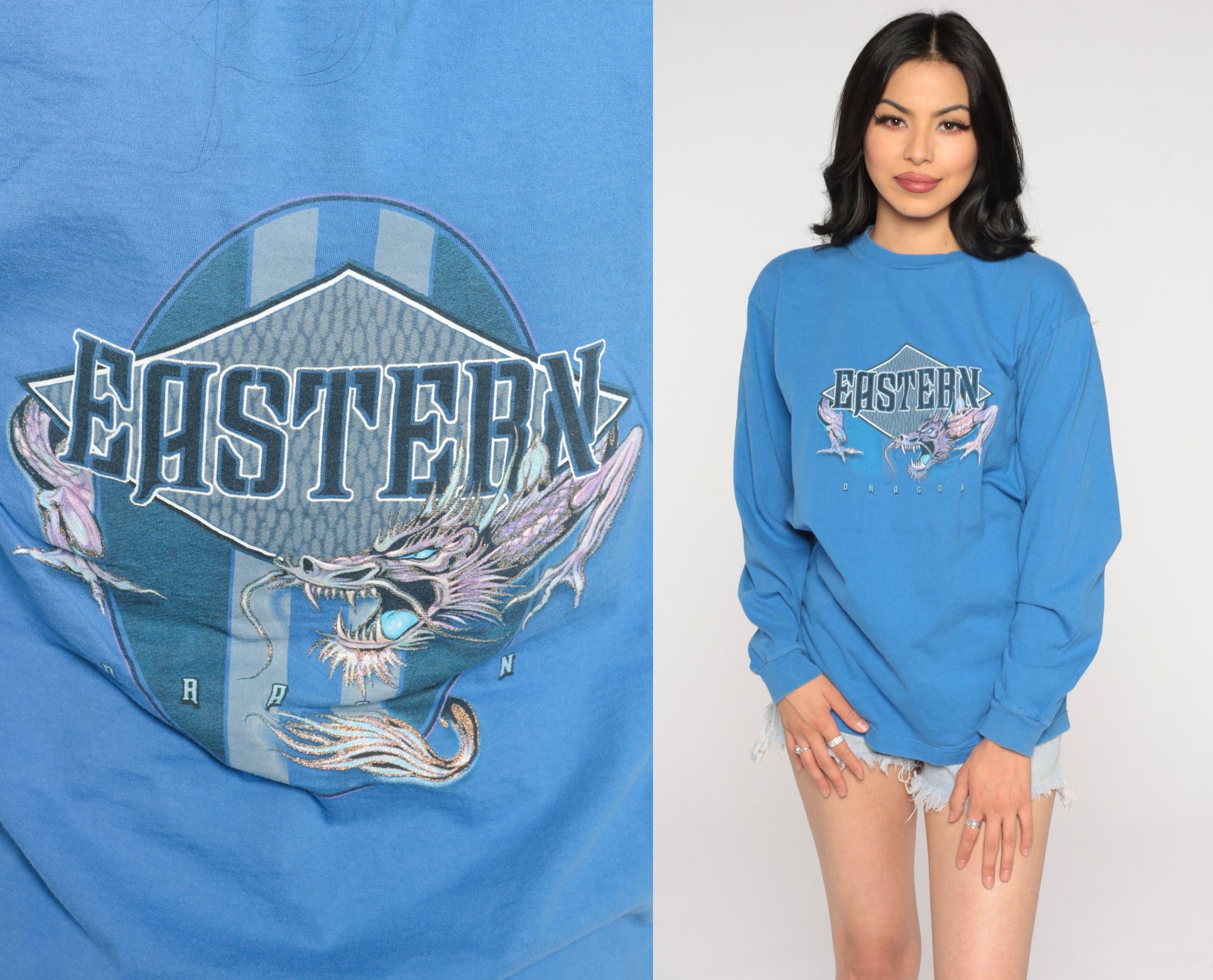 Y2K Eastern Dragon Long Sleeve Graphic Tee Blue Small
