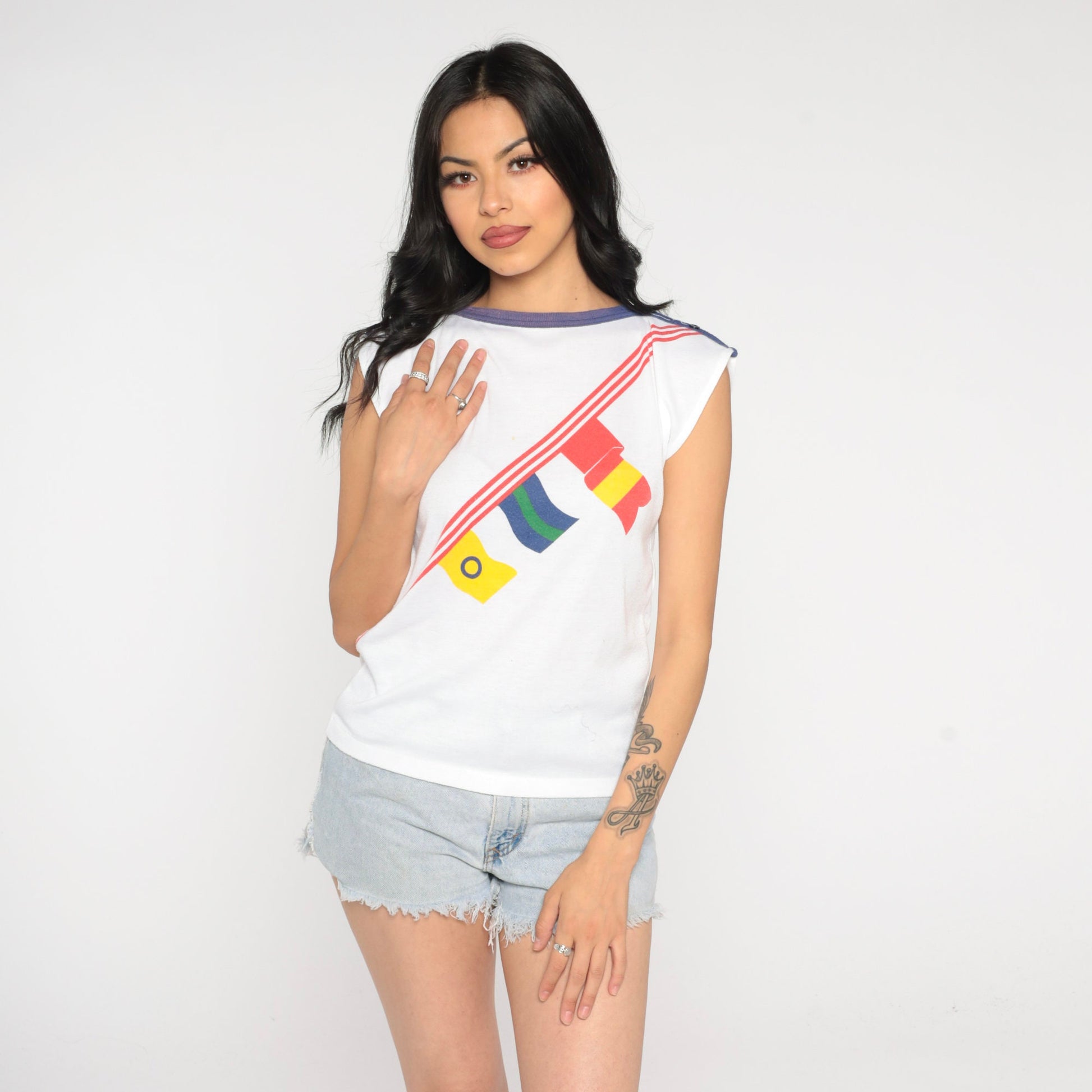 80s Nautical Flag Cap Sleeve T-Shirt Blue Trim Graphic Tee Small