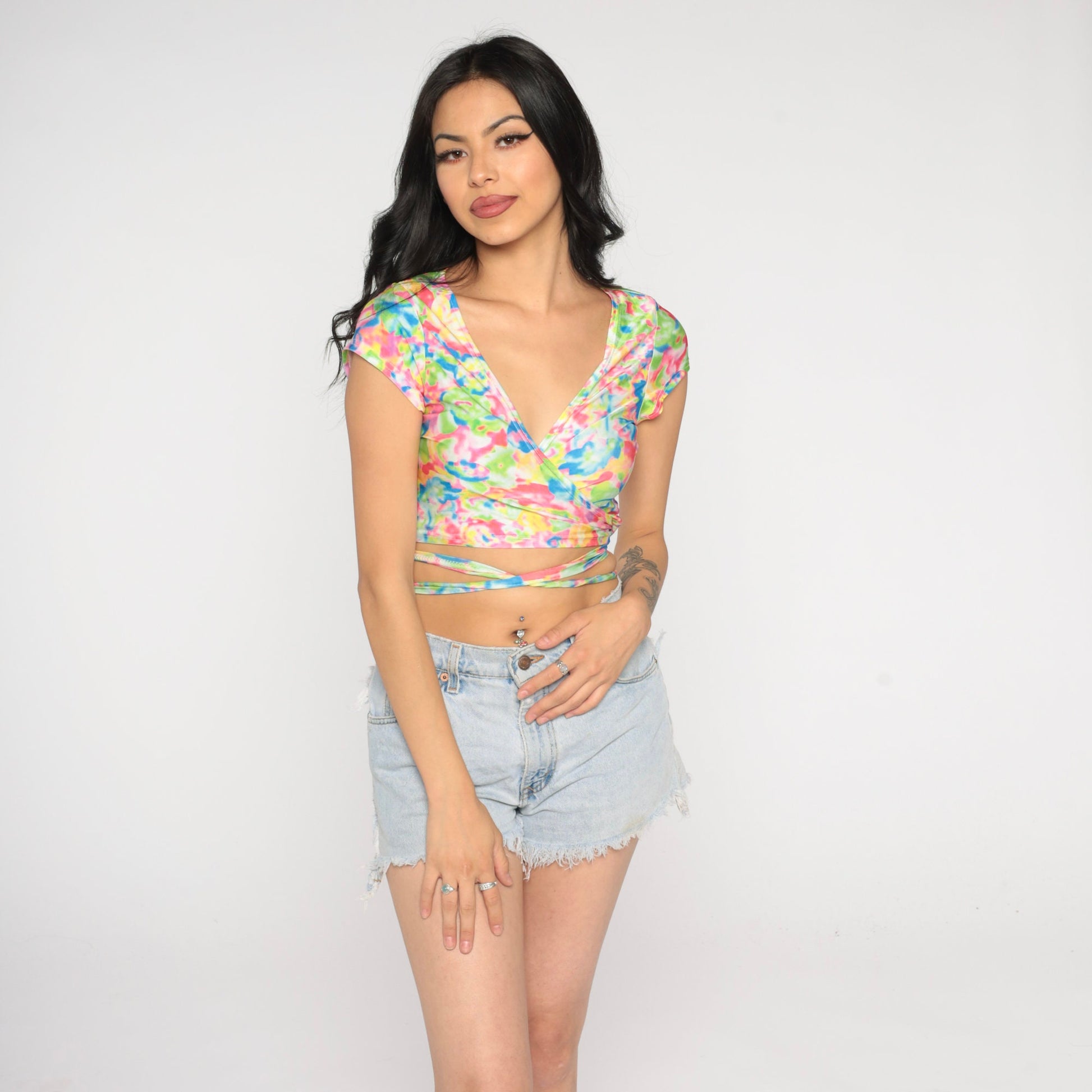 Y2K Colorful Abstract Print Wrap Crop Top Short Sleeve V Neck Small Medium