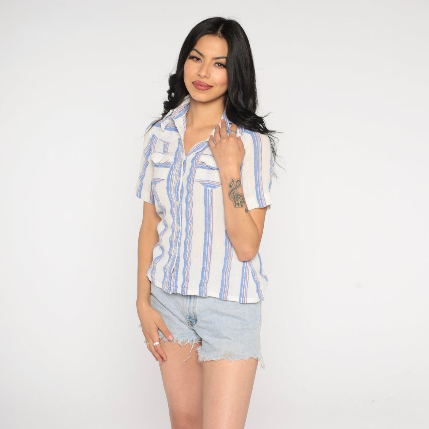 90s Striped Cotton Gauze Button Up Blouse Blue White Short Sleeve Extra Small