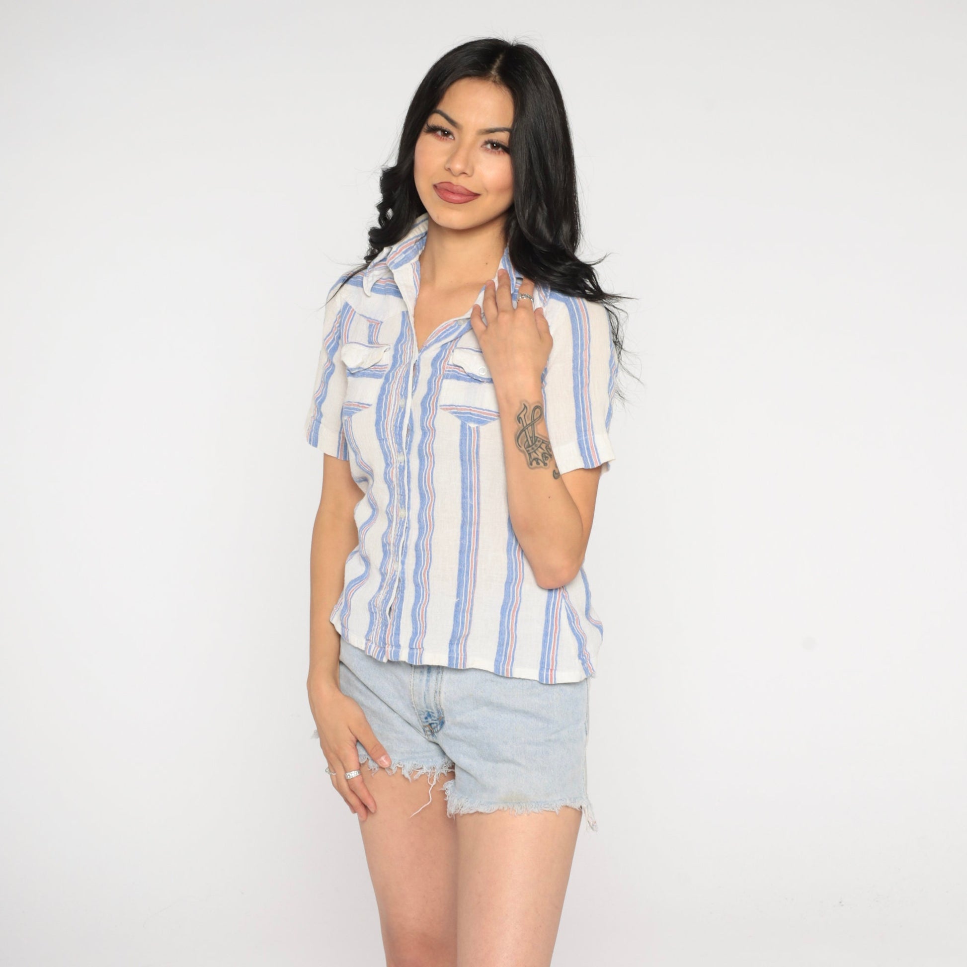 90s Striped Cotton Gauze Button Up Blouse Blue White Short Sleeve Extra Small