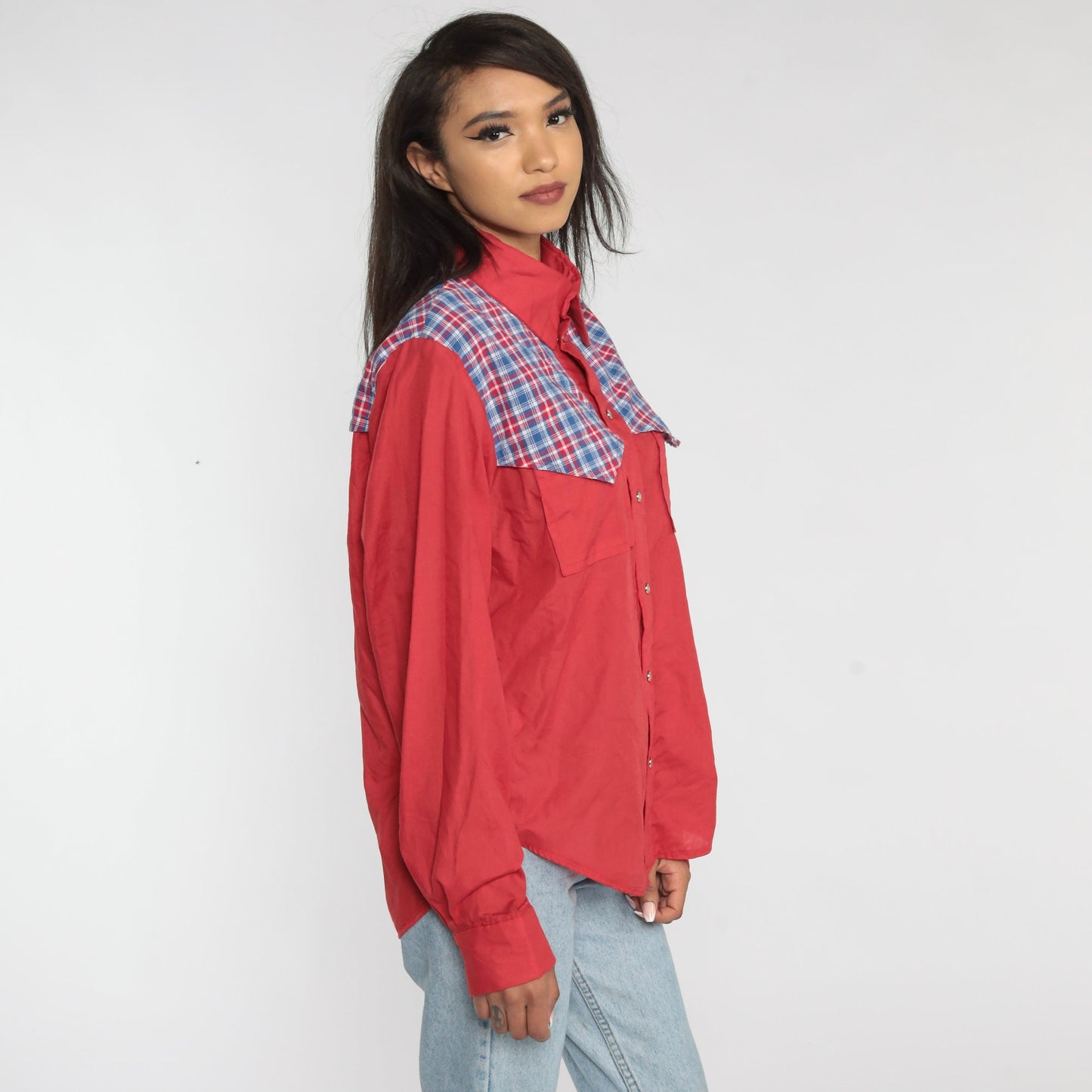 90s Red Plaid Pearl Snap Western Shirt Men's Large