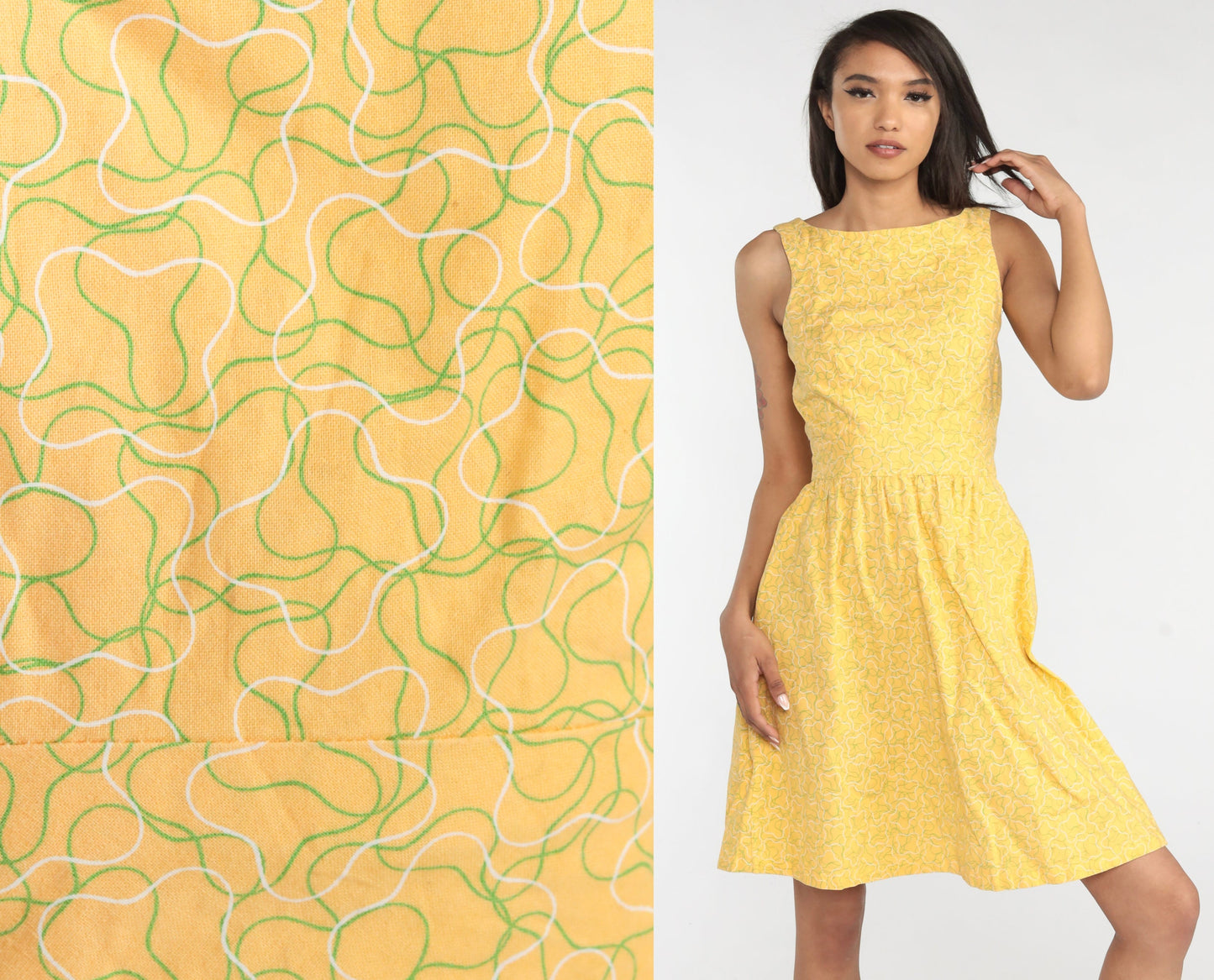 60s Yellow Mini Dress Abstract Print A-Line Sleeveless Cotton Extra Small