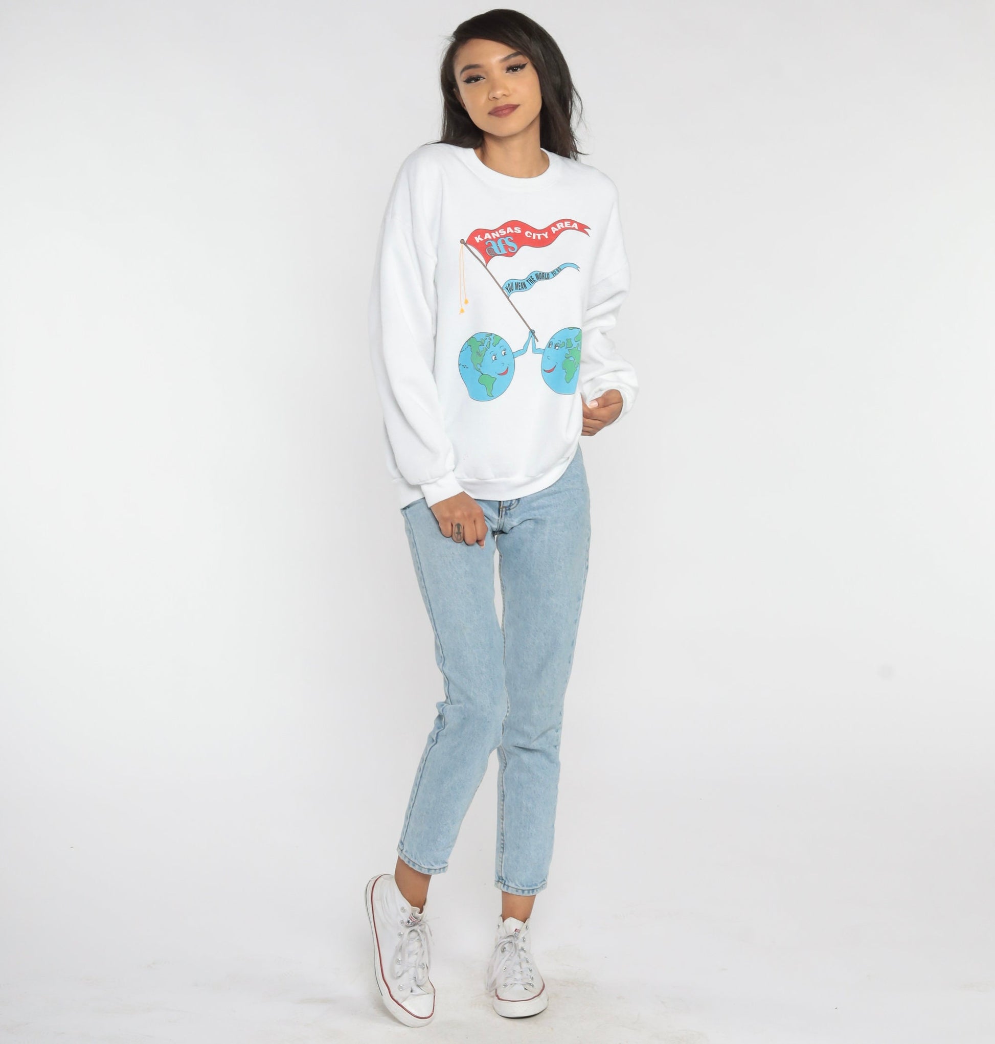 90s Kansas City AFS Earth Graphic Sweatshirt Crewneck Cotton Blend Large L