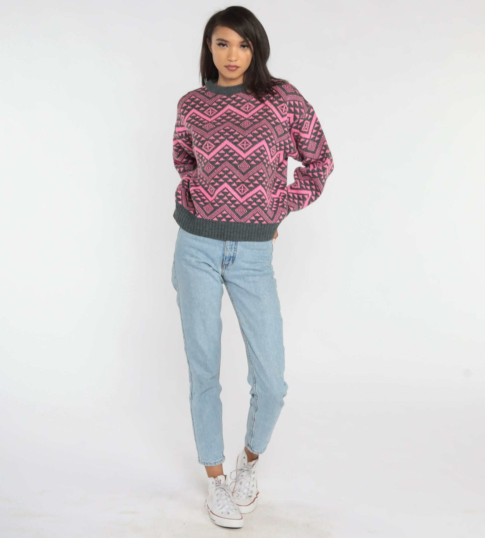 90s Pink Zig Zag Geometric Wool Blend Sweater Grey Crewneck Small S
