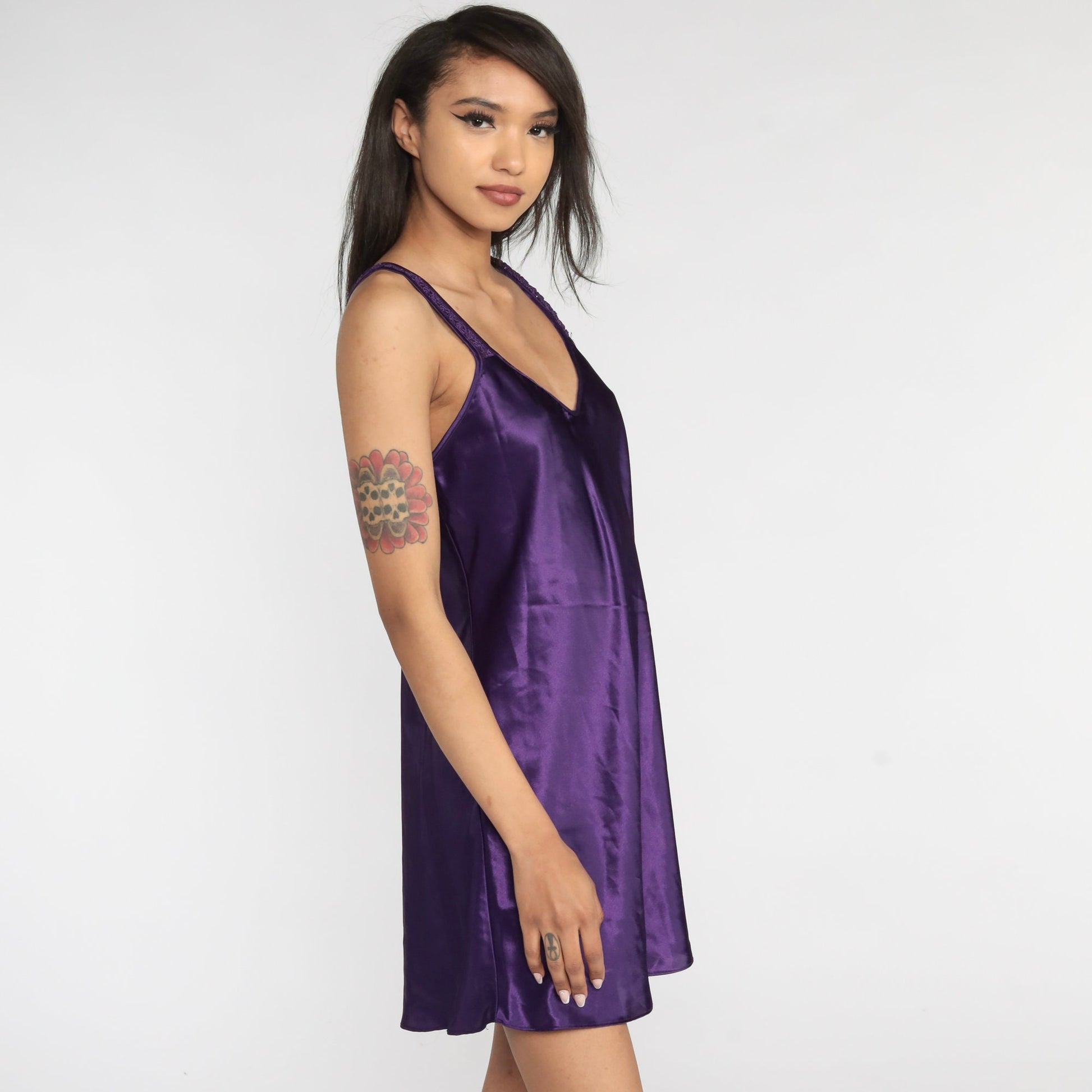90s Purple Slip Dress Mini Lace Trim Sleeveless Nightgown Medium M
