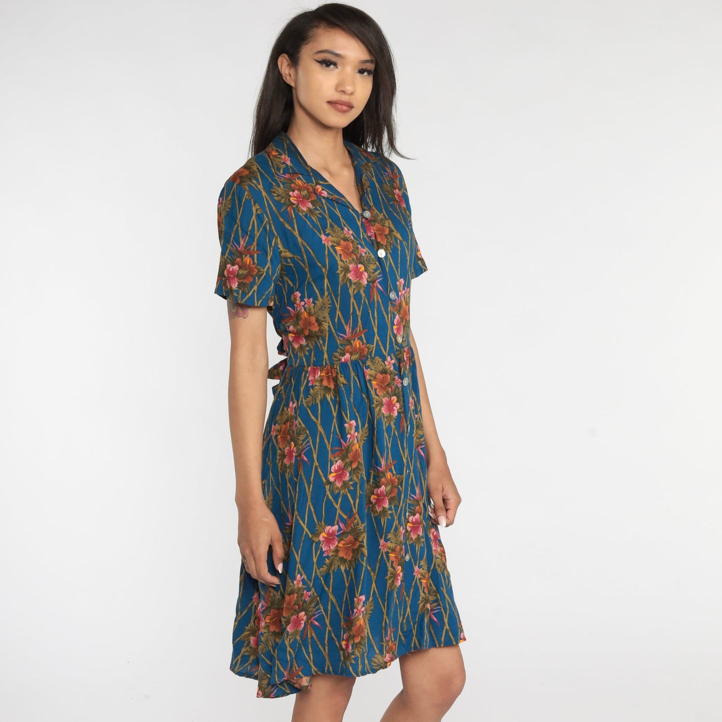 00s Karen Scott Hawaiian Floral Shirtdress Blue Tropical Knee-Length Medium