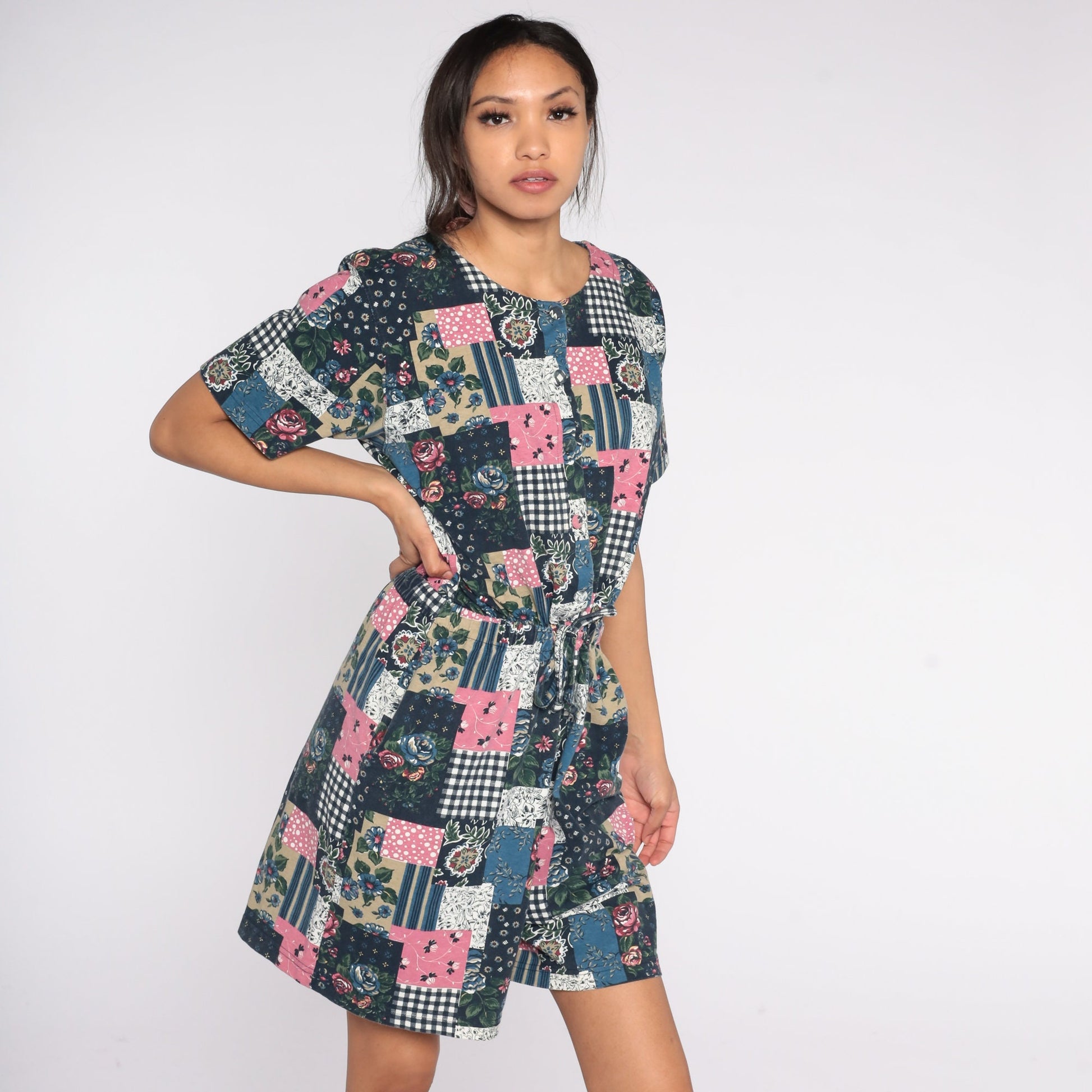 90s Patchwork Floral Wide-Leg Romper Cotton Button-Up Playsuit Medium