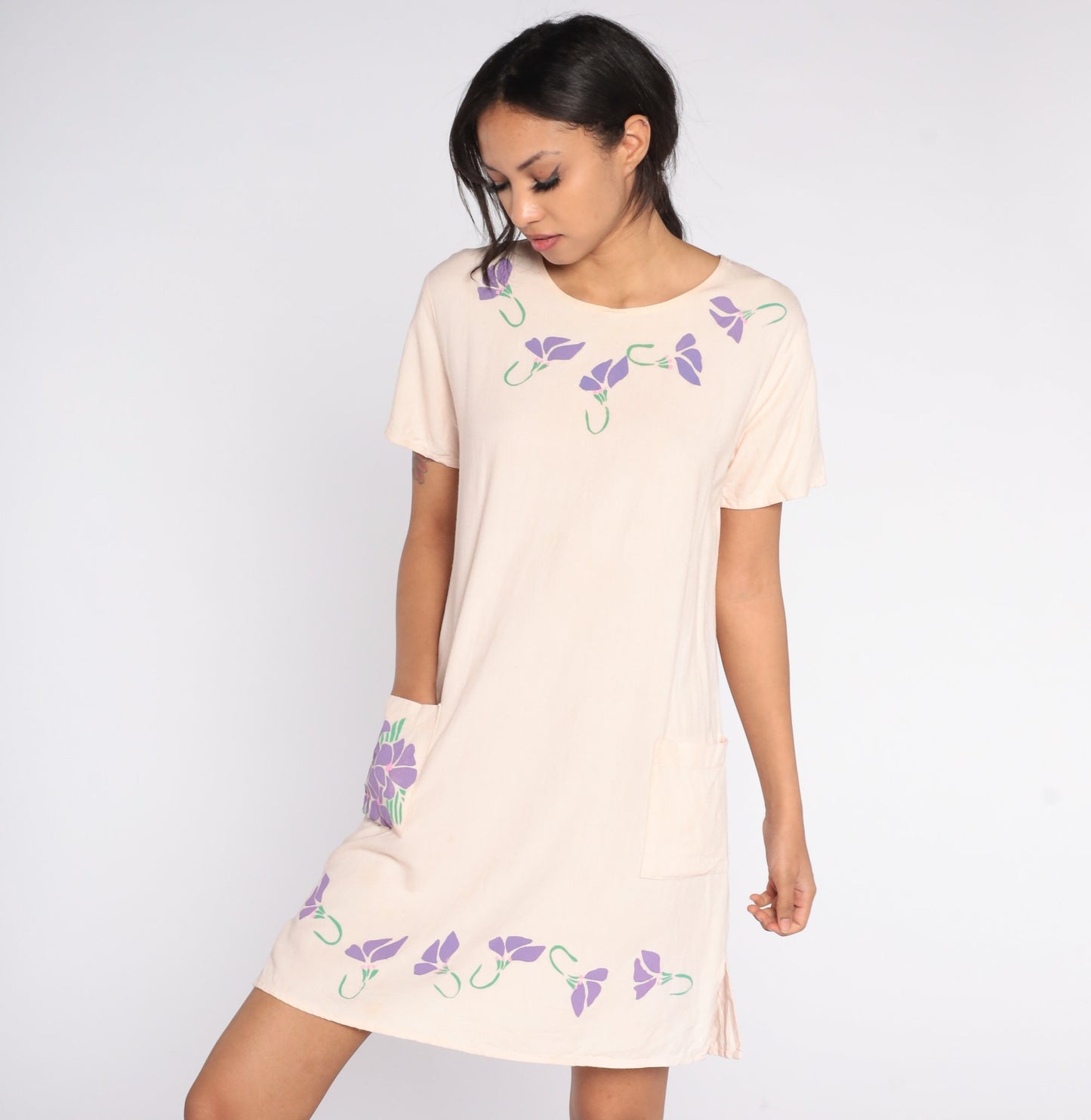 90s Floral Linen T-Shirt Dress Beige Pocket Mini Small
