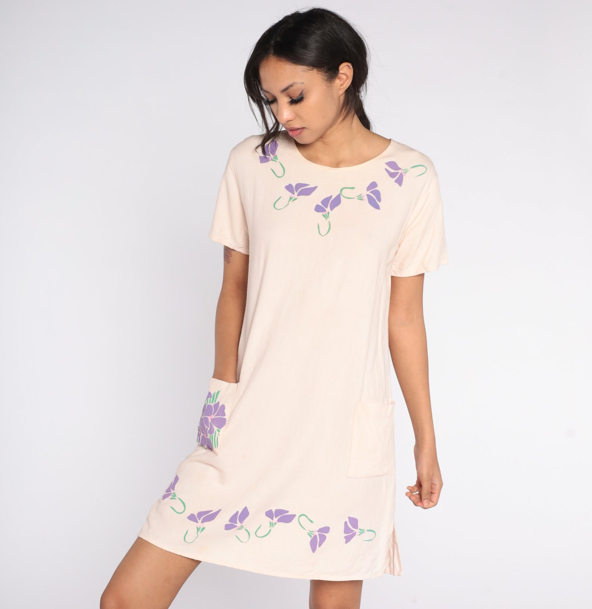 90s Floral Linen T-Shirt Dress Beige Pocket Mini Small