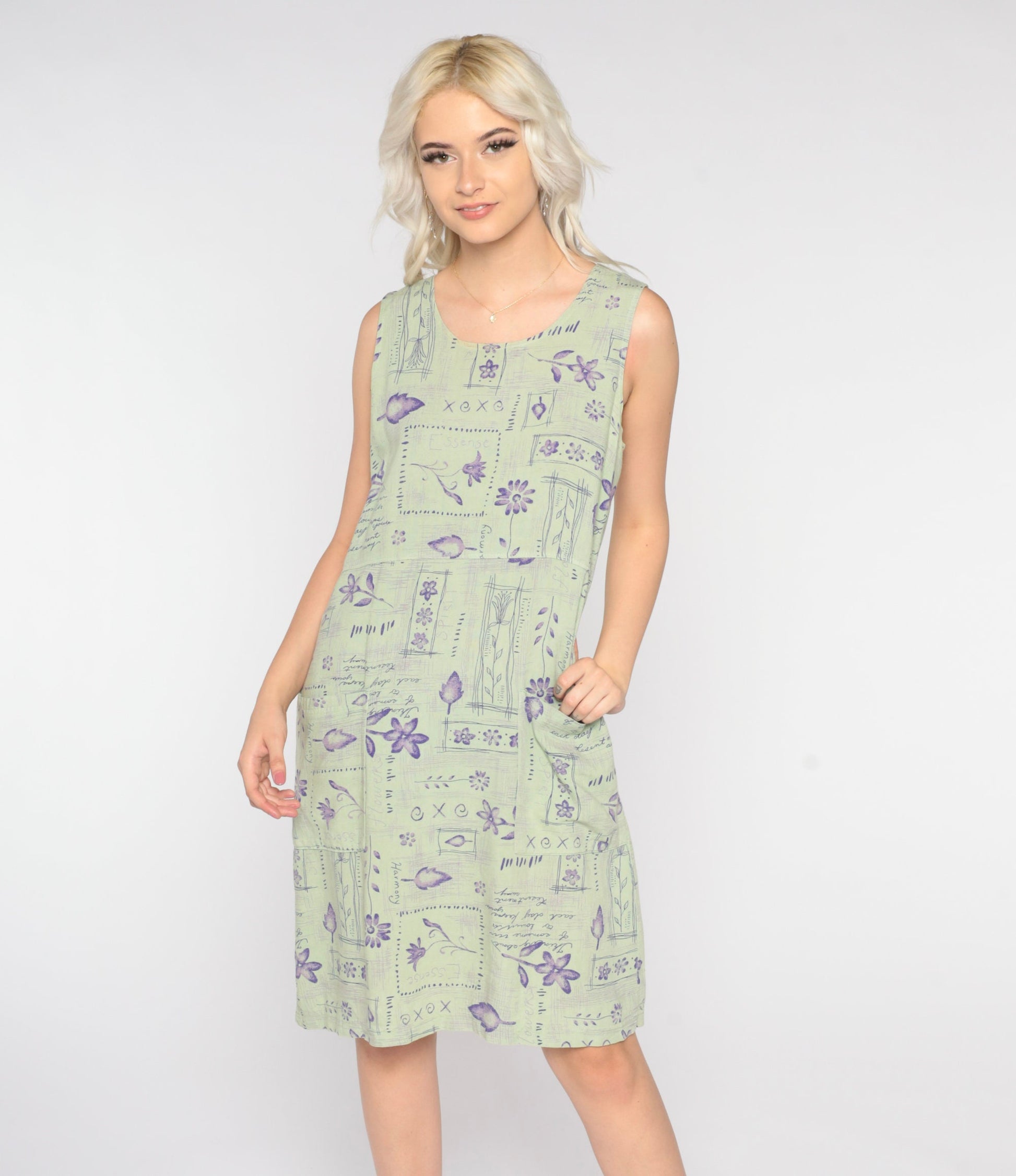 90s Sage Green Abstract Floral Mini Dress Sleeveless Shift Medium M