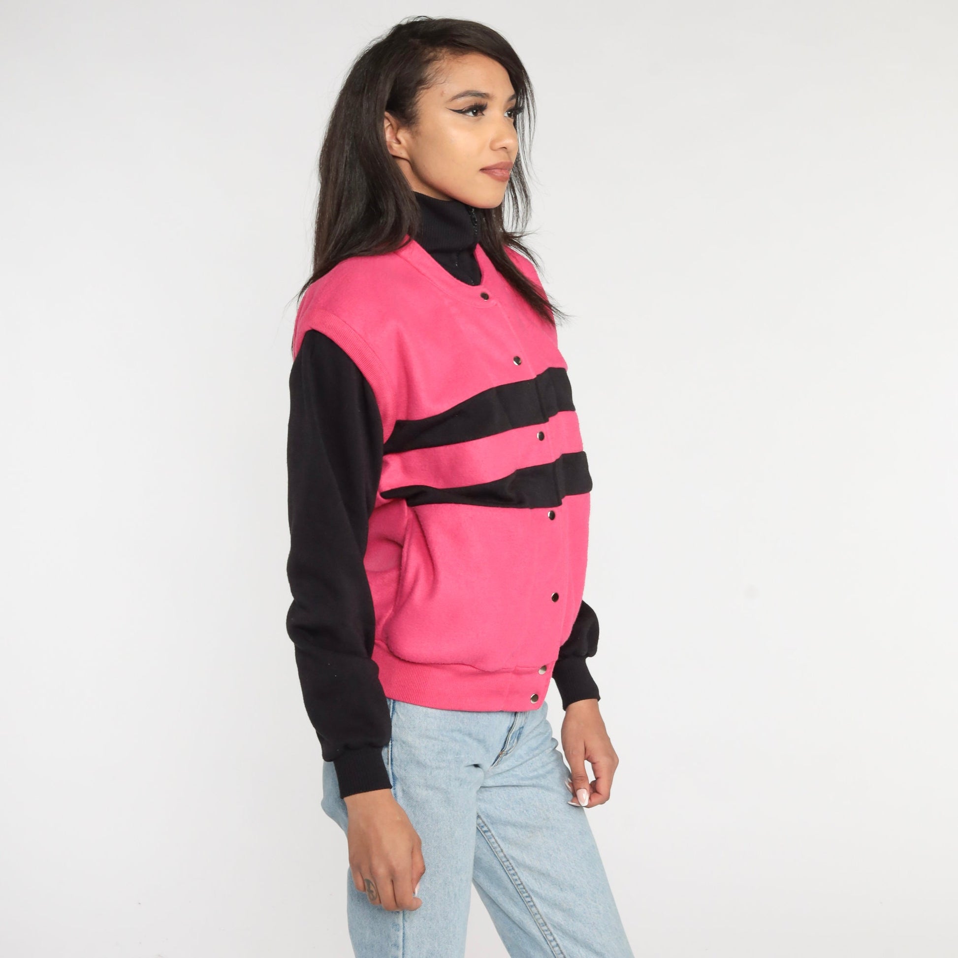 80s Striped Color Block Jacket Hot Pink Black Snap Front Medium
