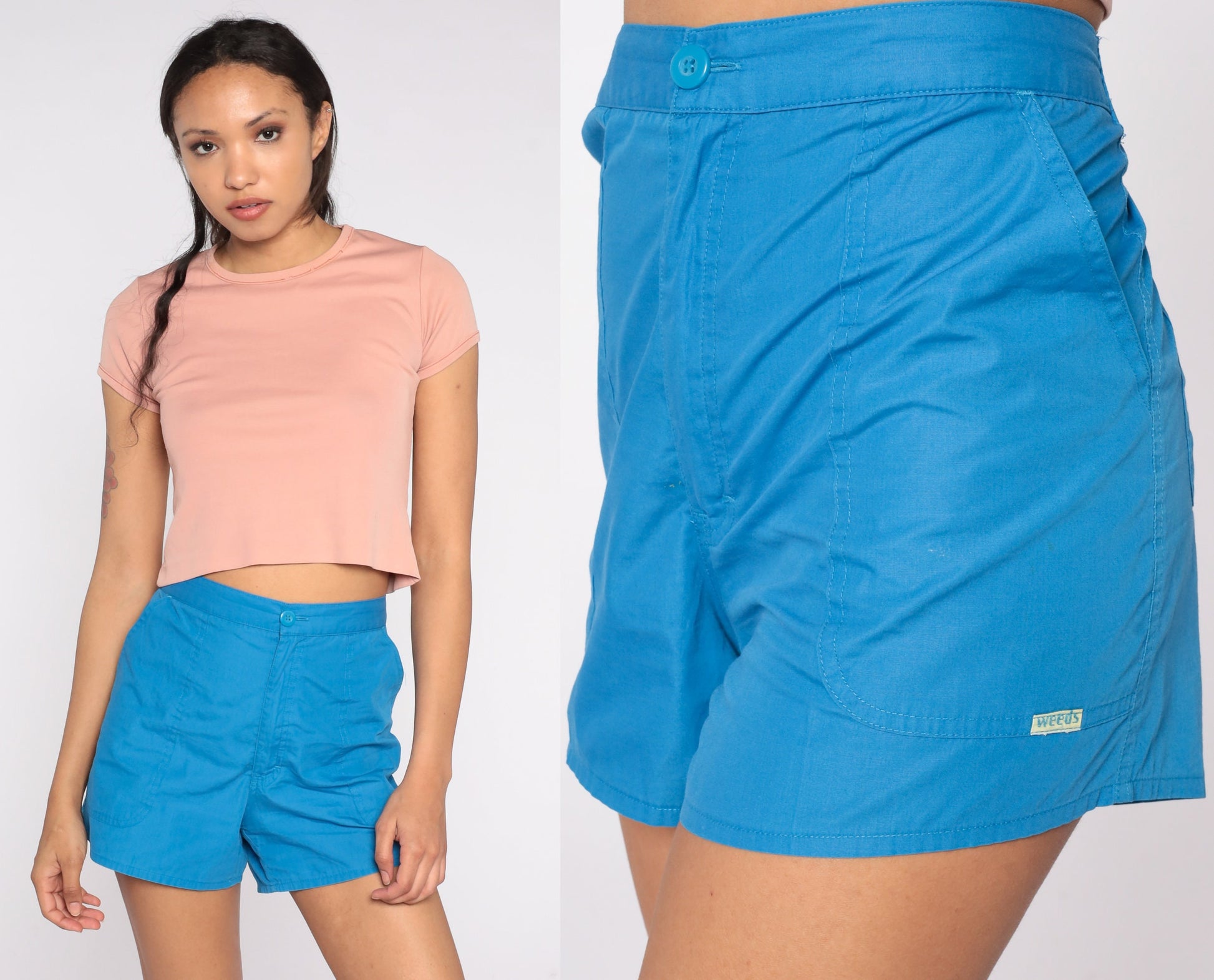 80s Blue High-Waisted Shorts Cotton Blend Trouser Pockets Medium