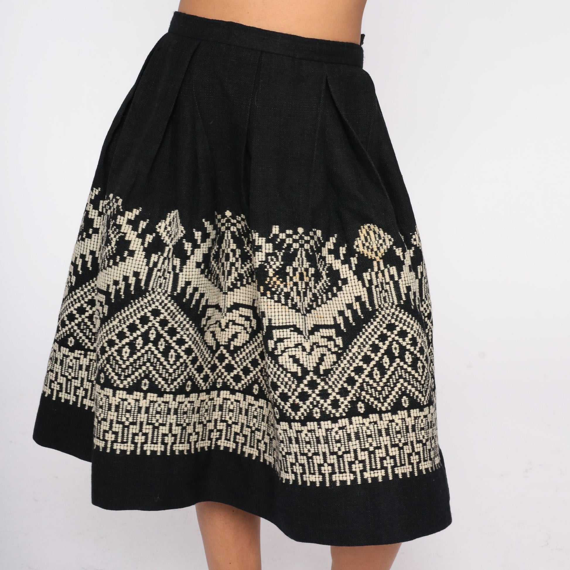 60s Black Pleated Midi Skirt High Waist Geometric White Embroidery Wool Small