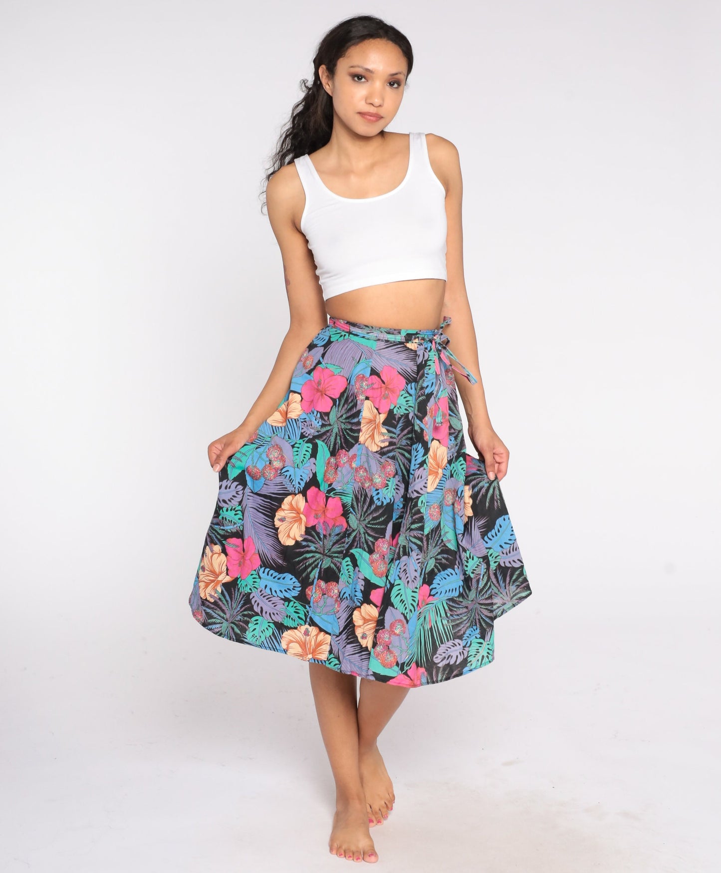 80s Black Tropical Floral Midi Skirt High Waisted Hawaiian Print Extra Small