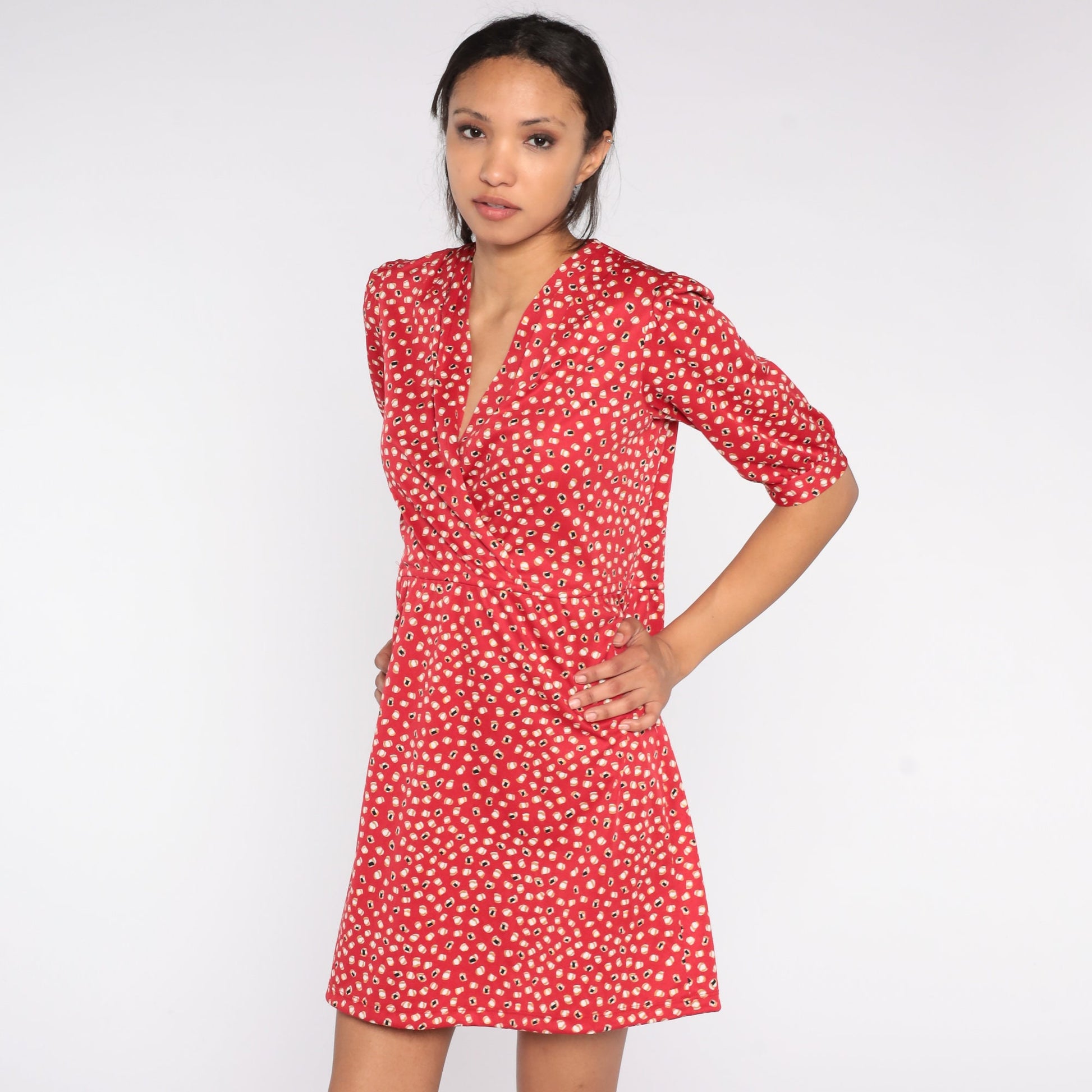 70s Red Abstract Dot Print Mini Dress High Waist V Neck Short Sleeve Medium M