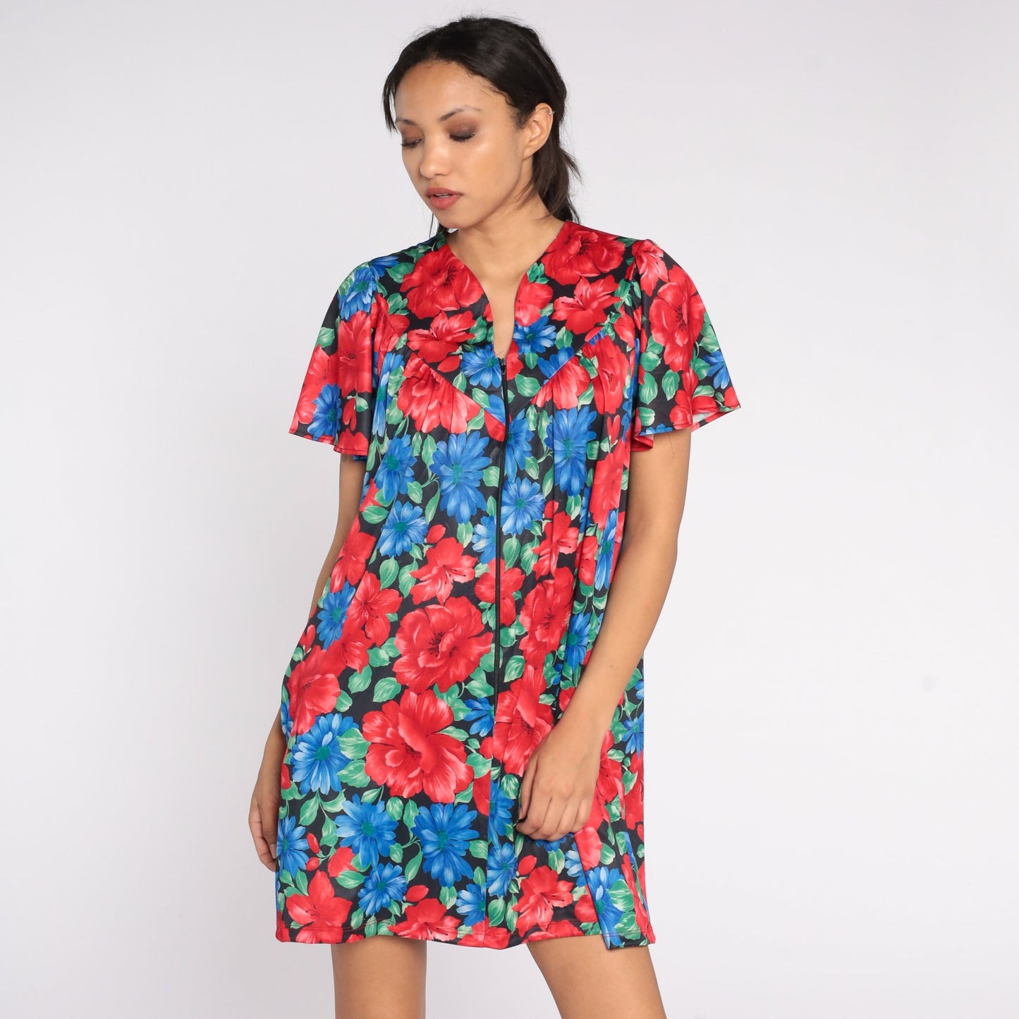 80s Floral Pajama Dress Red Blue Mini Nightgown Button Front Large