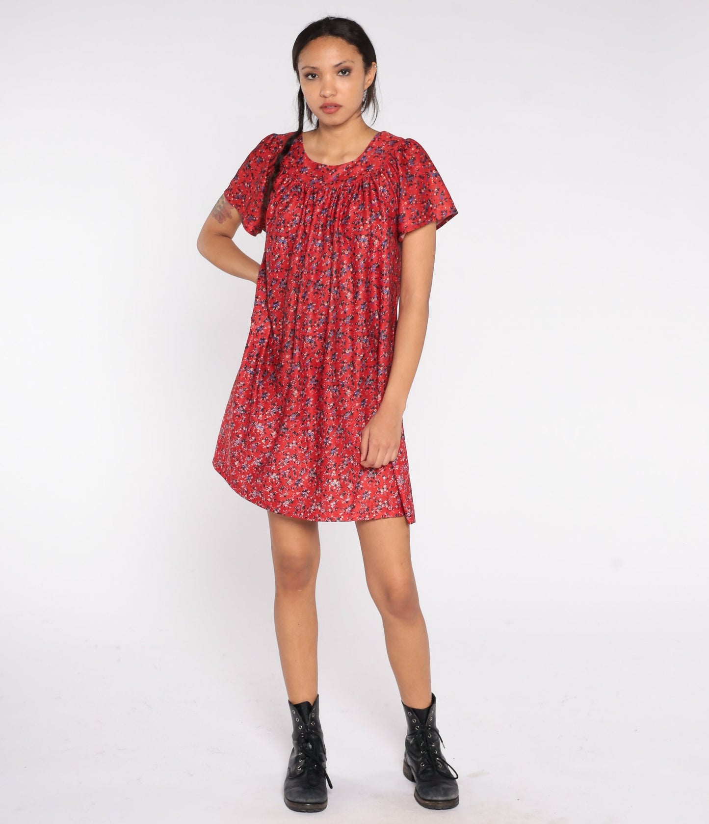 80s Red Floral Mini Shift Dress Short Sleeve Tent Cut Medium Large