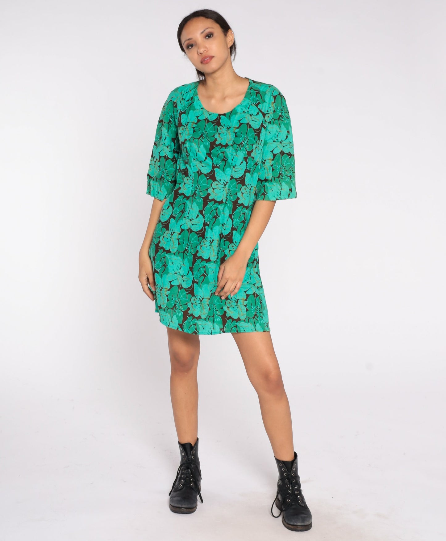 70s Hawaiian Floral Mini Dress Brown Green Hibiscus Print Small