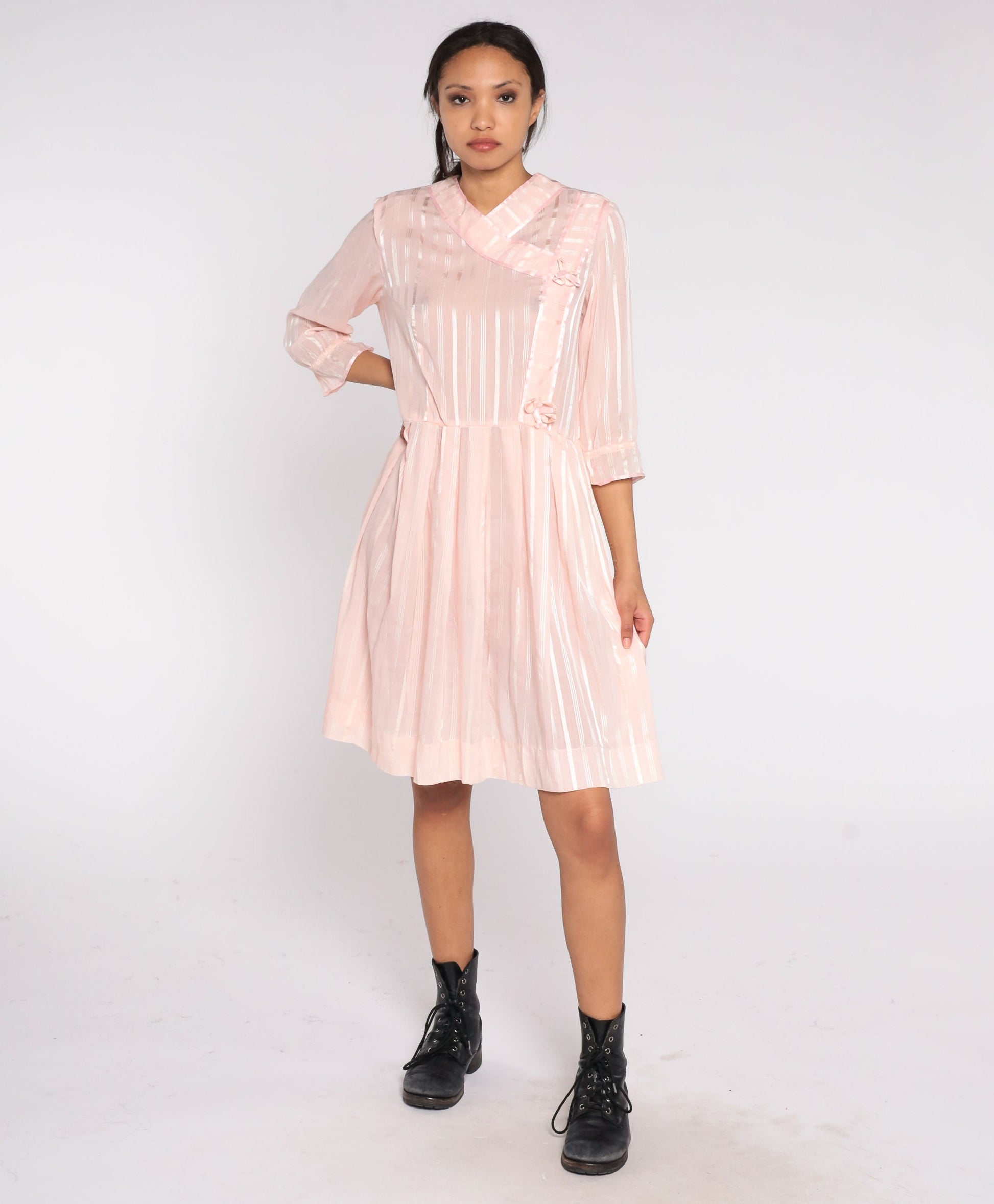 70s Baby Pink Striped Mini Dress High Waist Pleated Rosette Detail Medium Large